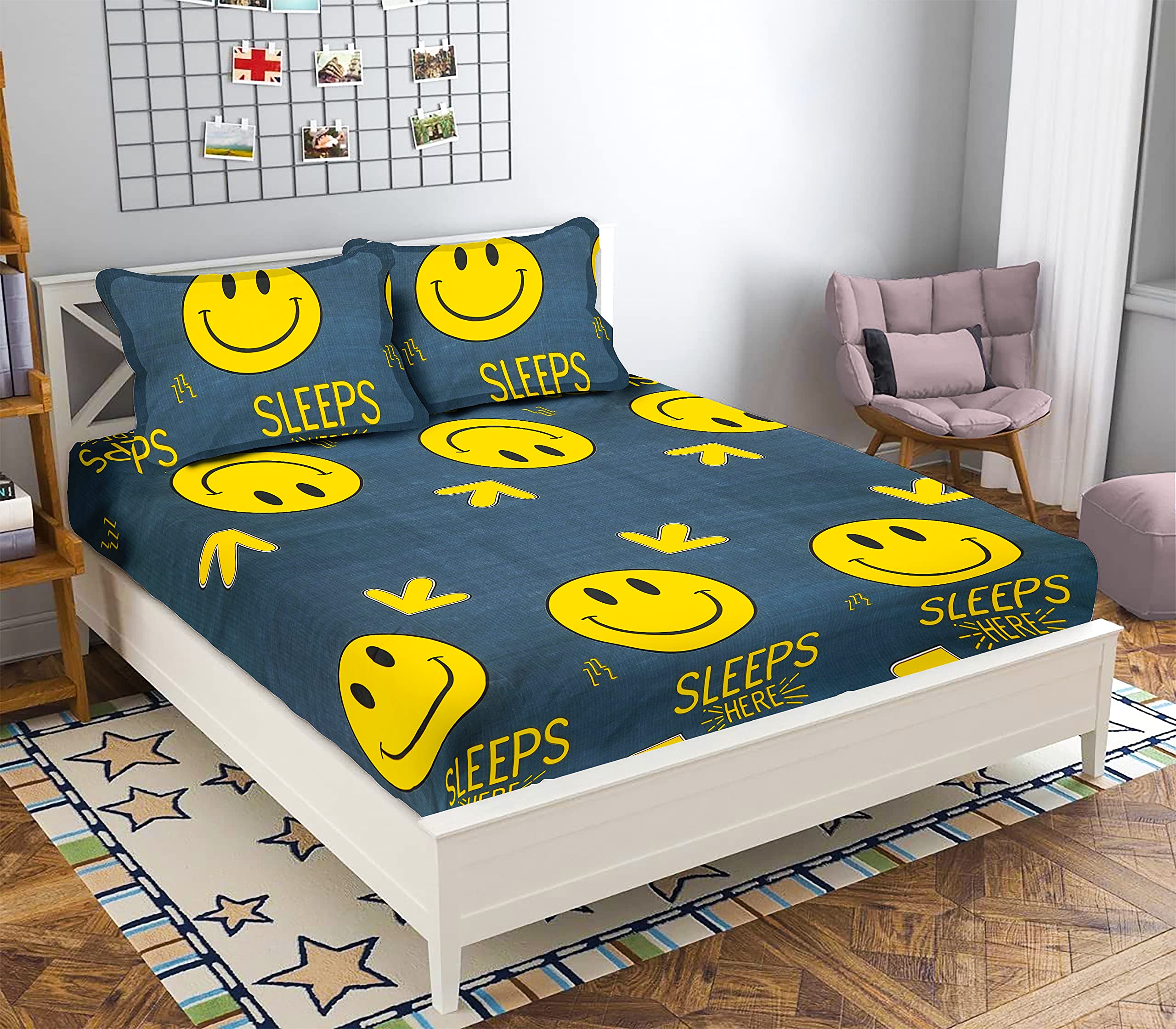 BLUEDOTGeometrical Cotton Elastic Fitted King Size Bedsheet with 2 Pillow Covers - Yellow-Blue | 180 TC | Best Suitable for 4-8 inch Mattress