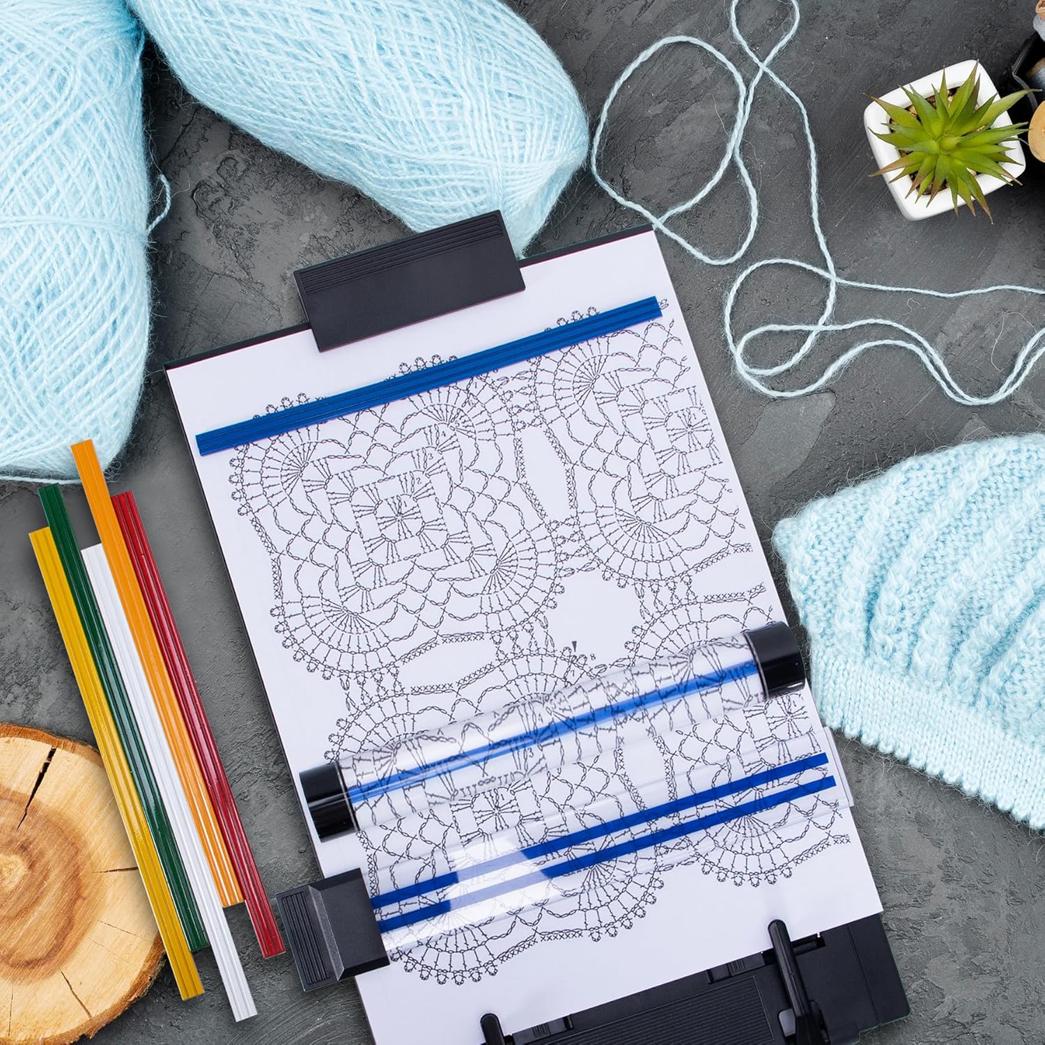 Yoseng Knitting Pattern Holder with 6 Color Replacement Magnets 1 Magnifying Ruler,Cross Stitch Supplies and Accessories for Crafts Work, 12" L x 8.4" W