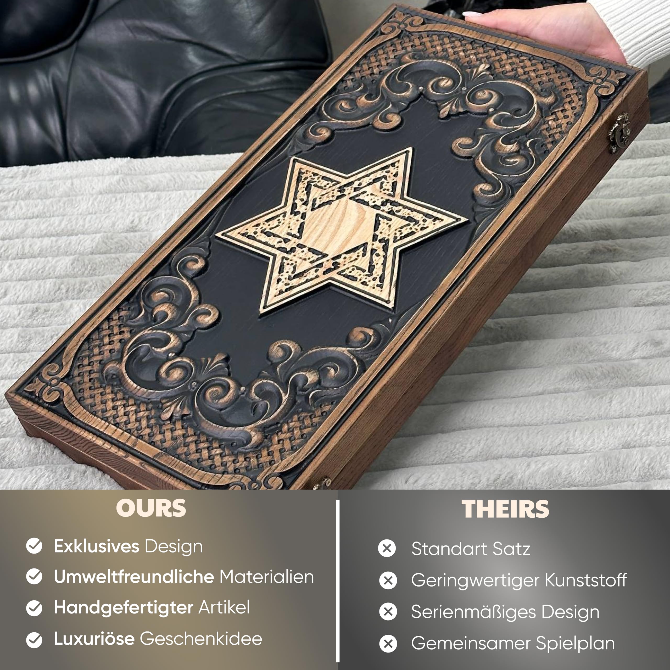 Backgammon aus Eschenholz – Davidstern Gravur – 48×23 cm – Handgefertigtes Set mit Epoxid-Spielsteinen – Geschenkidee für Kenner „Davidstern“ (2 Design)