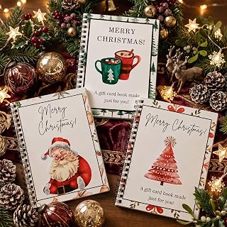 Merry Christmas Gift Card Holder Book - 5" x 7" Holiday Present Booklet with Fun Stickers & 20 Double-Sided Sticky Dots, 12 Festive Cover Designs(Santa Claus+Cup+Christmas tree