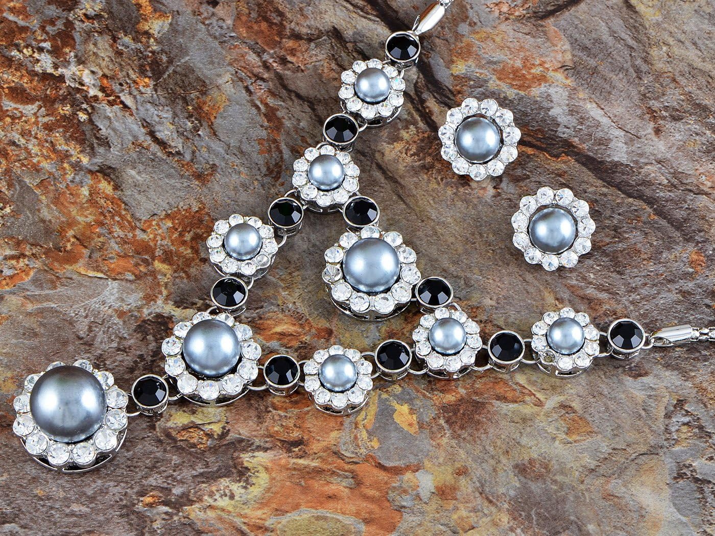 Alilang Black Grey Faux Pearl Sunflower Victorian Crystal Necklace Earring Set