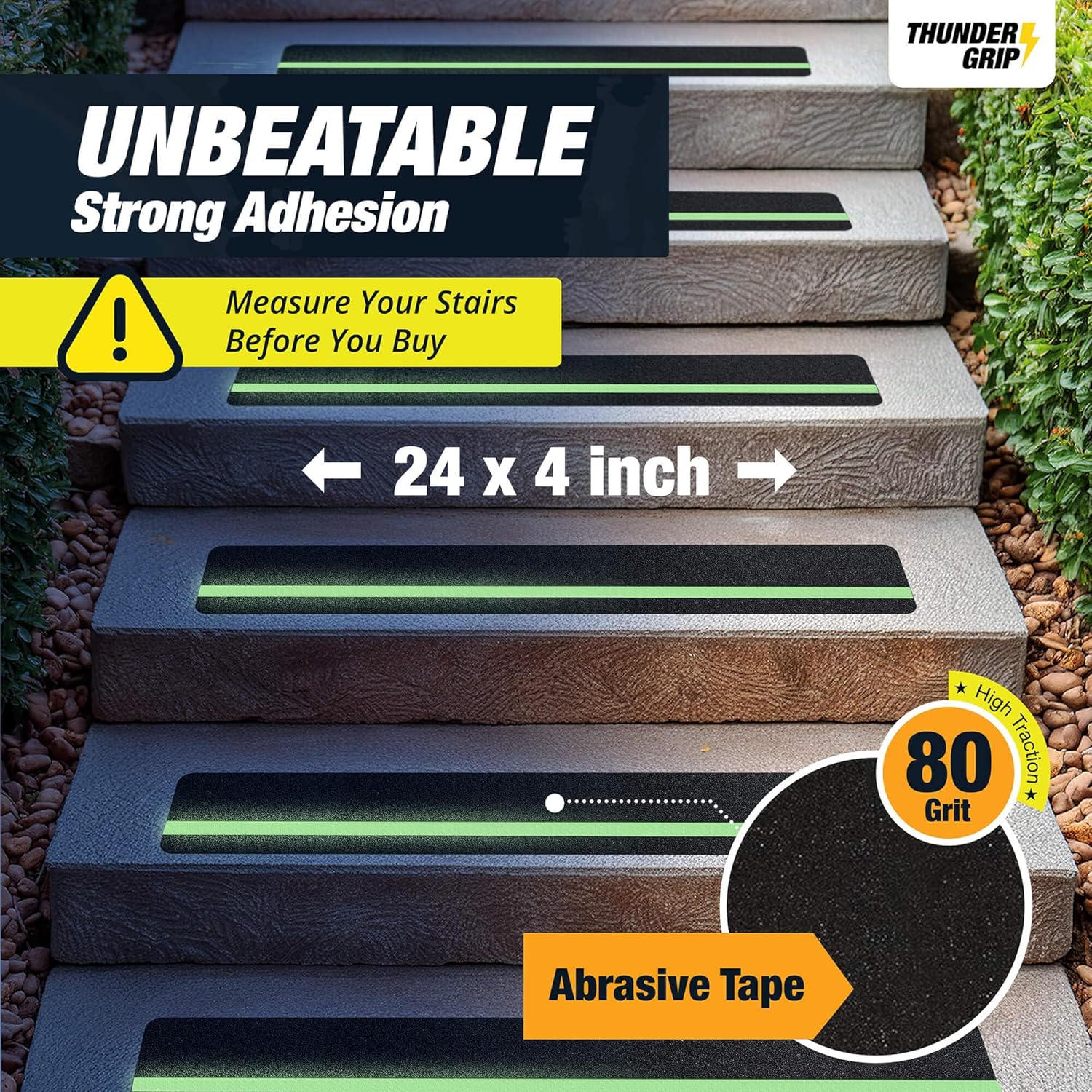 THUNDER GRIP Glow in the Dark 24" x 4"-8-Pack Weather Resistant Outdoor Stair Treads 80-Grit