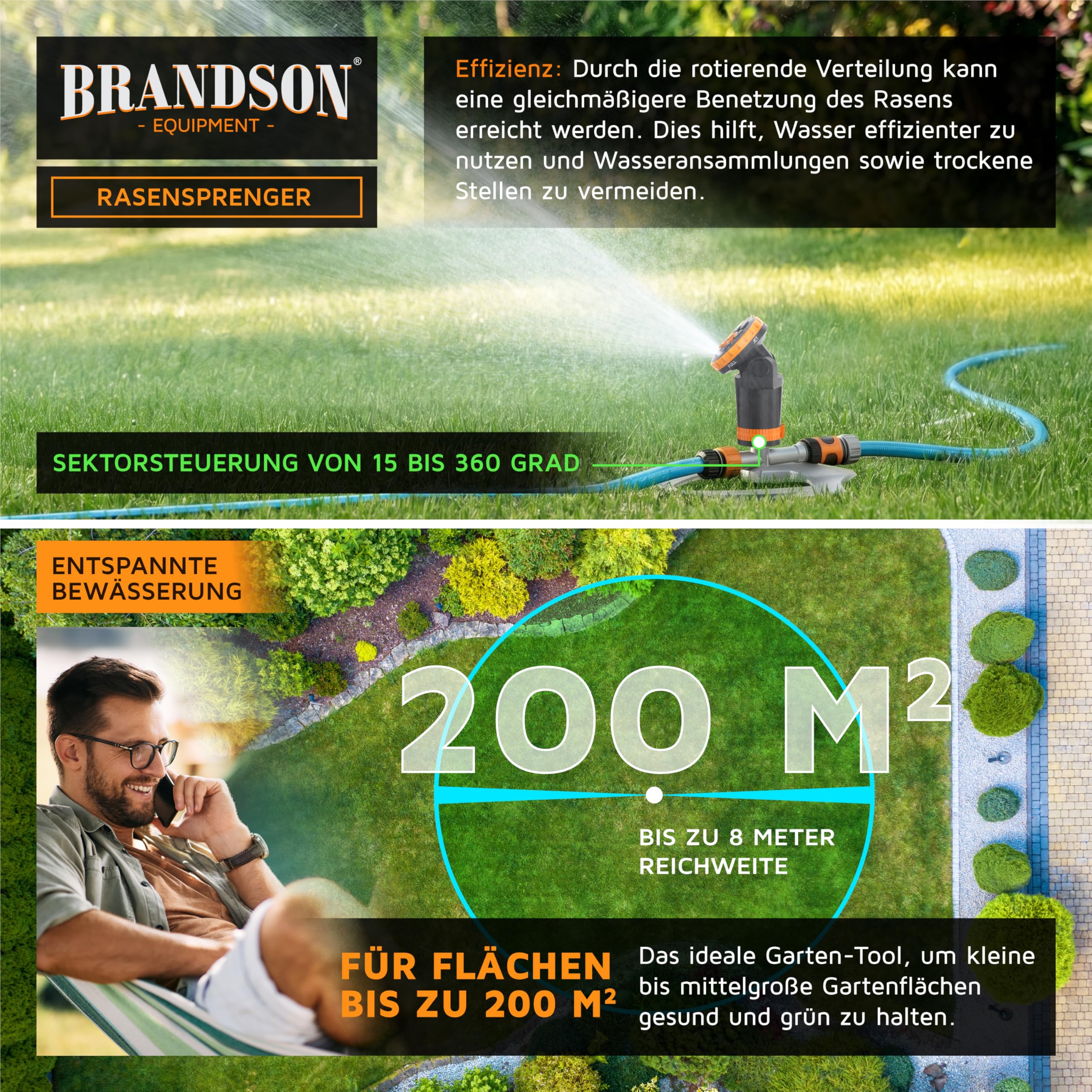 Brandson - Gartensprinkler mit Standfuß Metall – Garten Rasensprenger 3/4 Zoll - 6 Sprühmuster – 200 m2 Gesamtfläche - Einstellbarer Sprühwinkel – Bewässerungssektor bis 360° - Inkl Adapter 1/2 Zoll