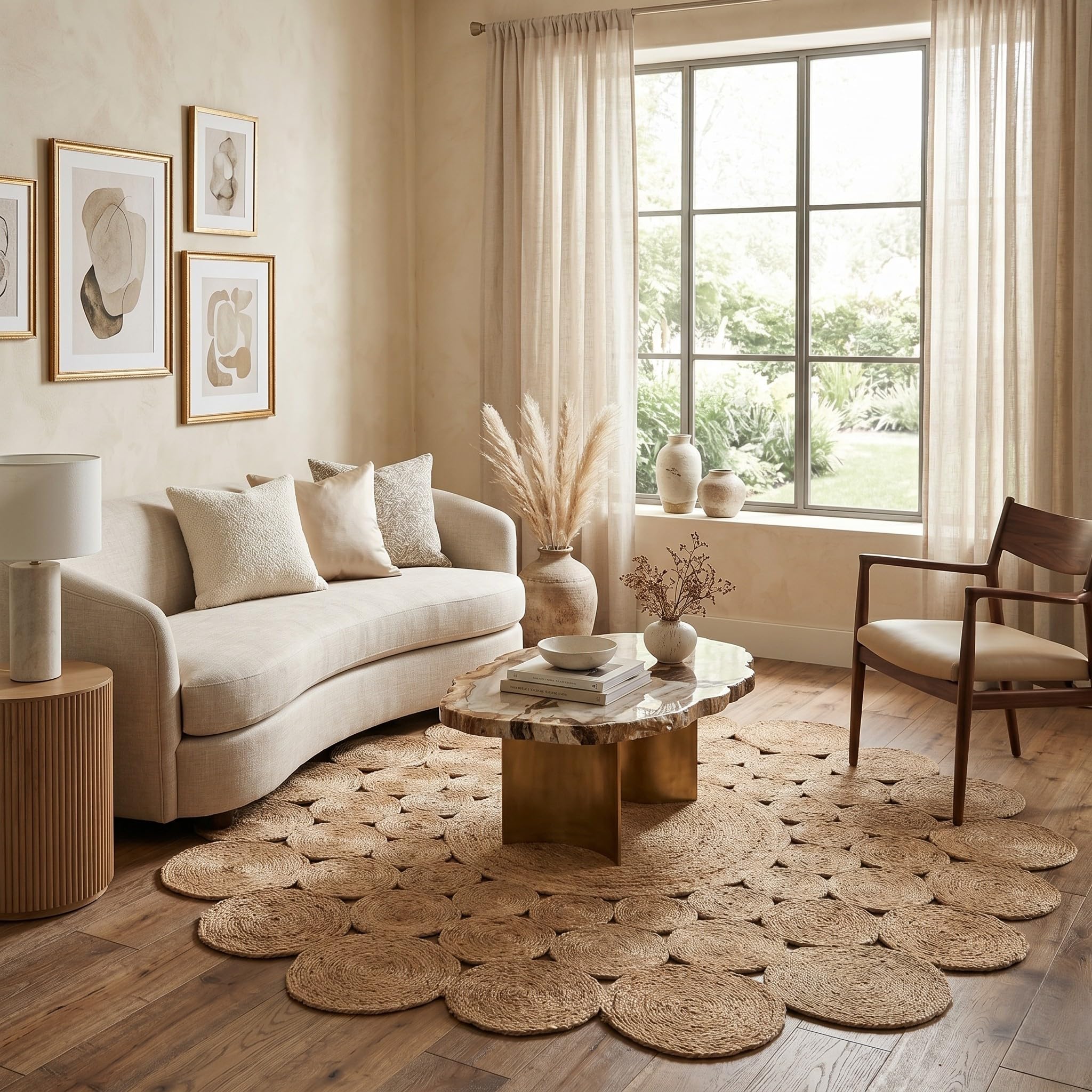 LR Home Natural Jute 4ft Round Area Rug for Home Decor | Braided Jute Rugs for Living Room, Bedroom, Playroom | Bohemian Farmhouse Indoor Carpet for Room Decor | Natural/Bleach Gray