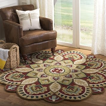 SAFAVIEH Novelty Collection Area Rug - 4 Round, Red & Taupe, Handmade Boho Floral Rustic Country Wool, Ideal for High Traffic Areas in Living Room, Bedroom NOV604Q