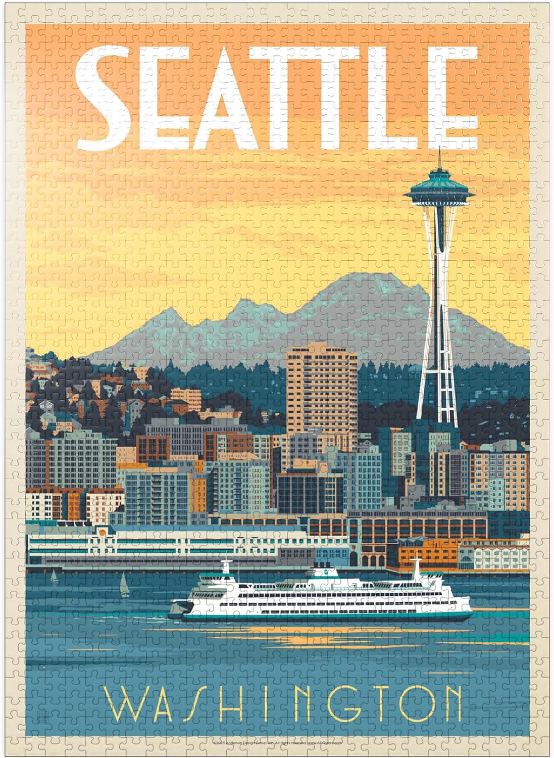 MyPuzzle Seattle, WA: Ferry, Vintage Poster - Premium 1000 Piece Jigsaw Puzzle for Adults
