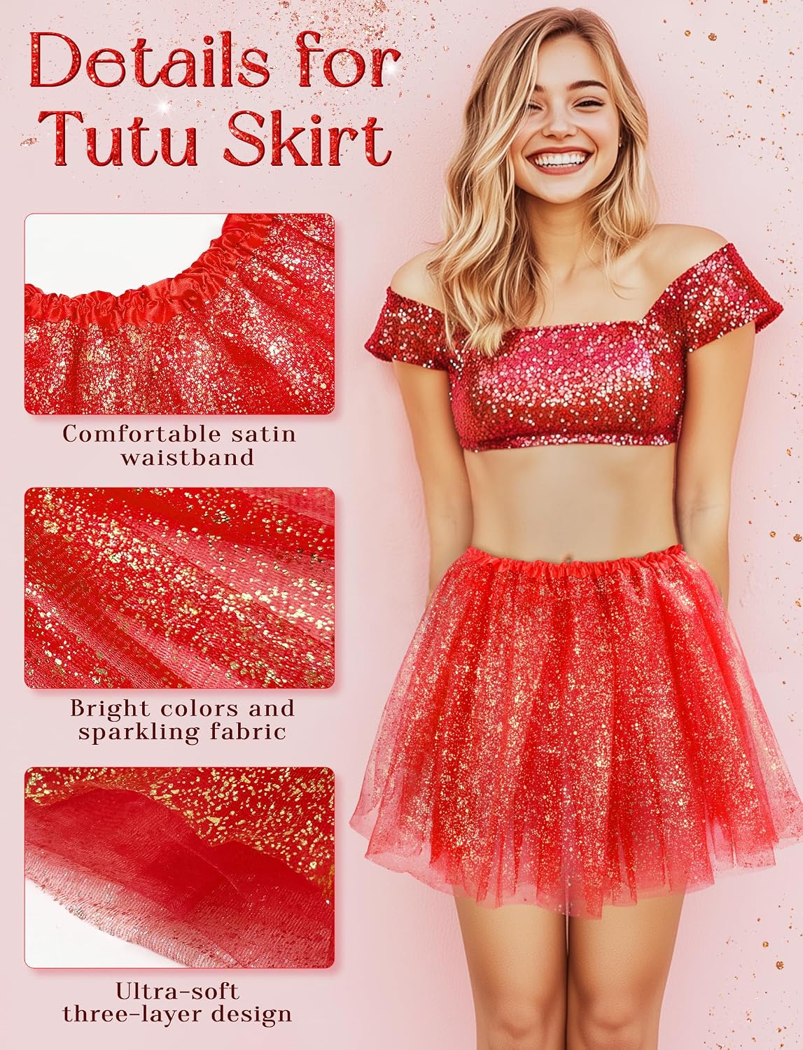 3 Layers Tutus for Women Adult, Classic Elastic Tulle Tutu Skirts Gold Silver Foil Printed Tutu for Party Running