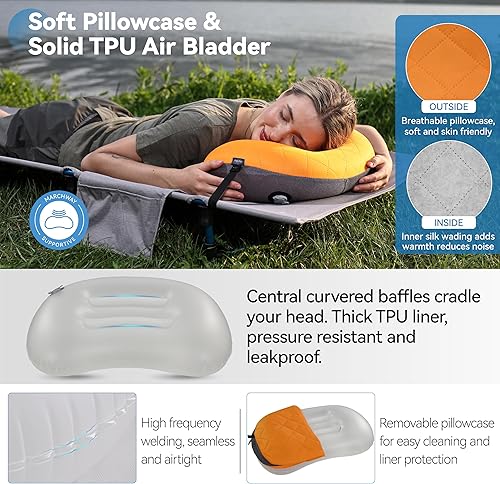 Miniatura 10 de MARCHWAY Almohada inflable ultraligera para acampar con funda suave y lavable, almohada de aire portátil comprimible compacta para campamento al