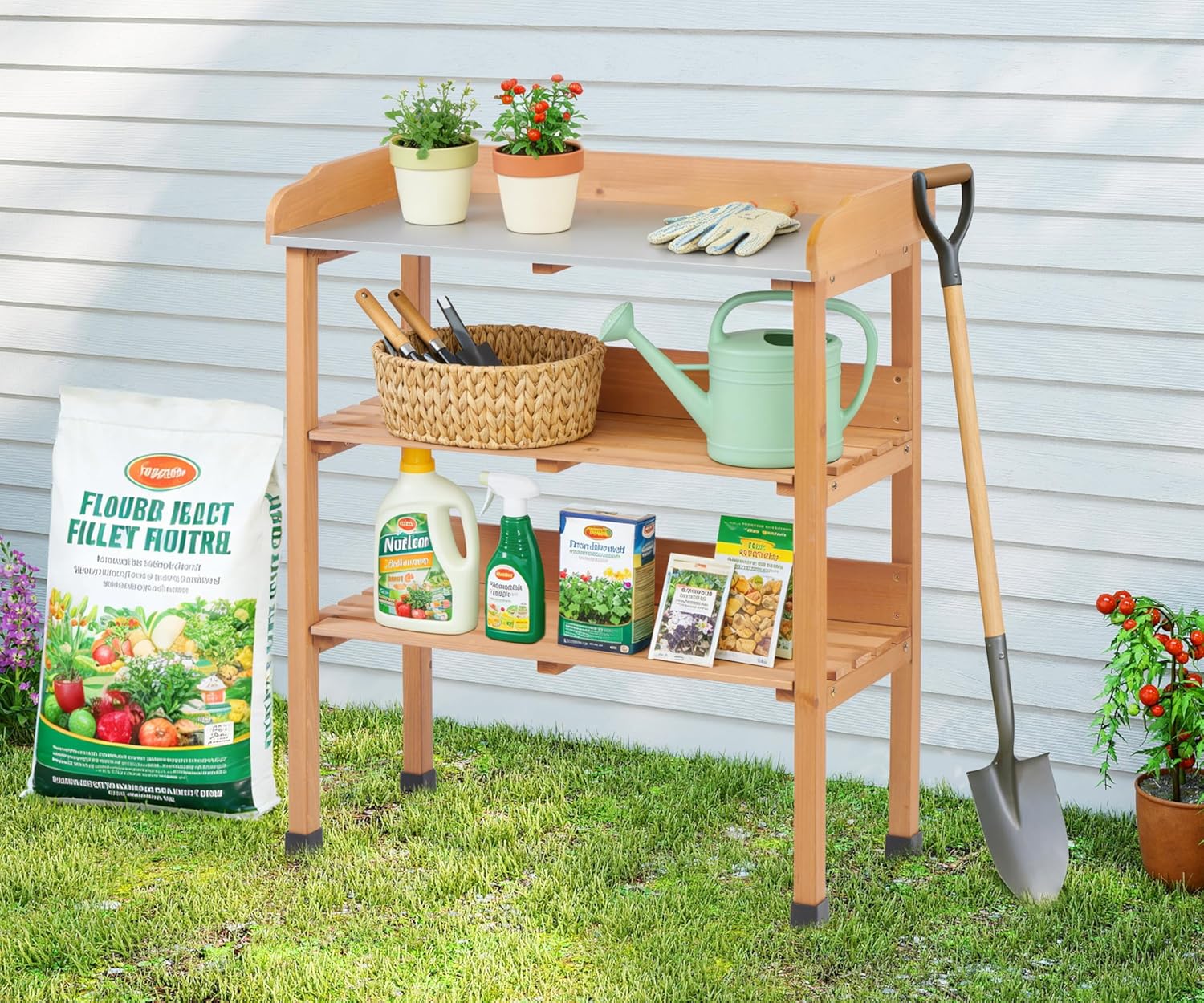 Wooden Potting Bench Table, Outdoor Garden Table Work Bench with Shelf, Workstation for Outside Lawn Patio