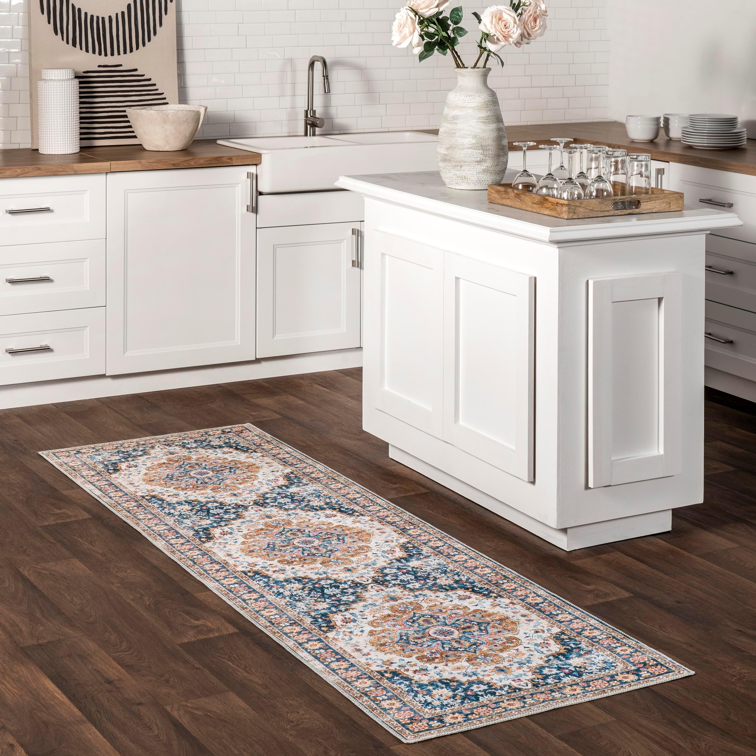nuLOOM EMI Traditional Stain-Resistant Machine Washable Runner Rug, 2' 6" x 8', Blue Multi