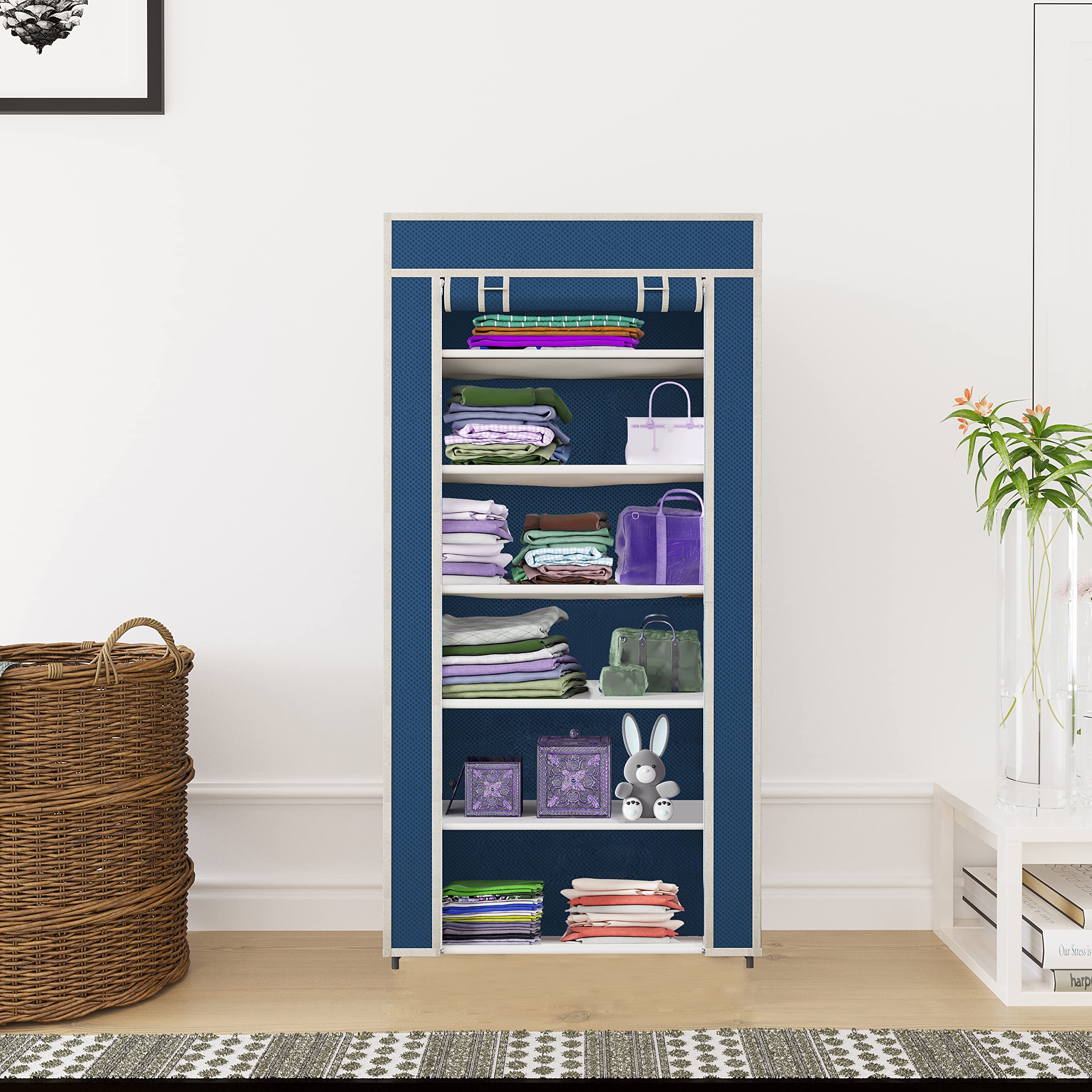 Whitecloud TRANSFORMING HOMES® Collapsible Portable Foldable Wardrobe Storage Shelves Organizer for Clothes Racks Fabric Almirah Non Rustable Iron Storage Unit (6 Layer) (Blue)