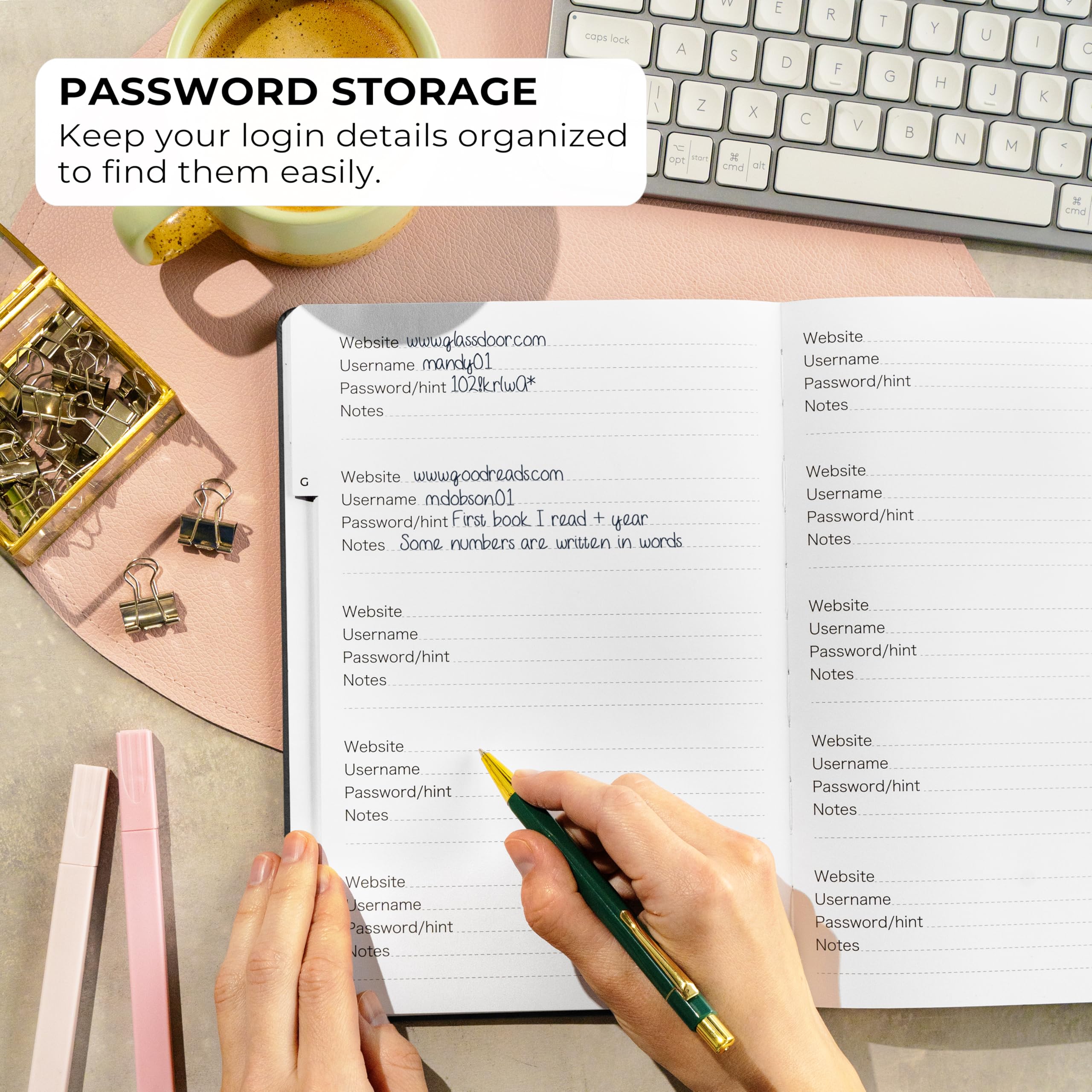 Clever Fox Libreta de contraseñas con pestañas. Organizador de direcciones de Internet y contraseñas con pestañas alfabéticas. Cuaderno de tamaño grande para inicios de sesión de computadora y sitio