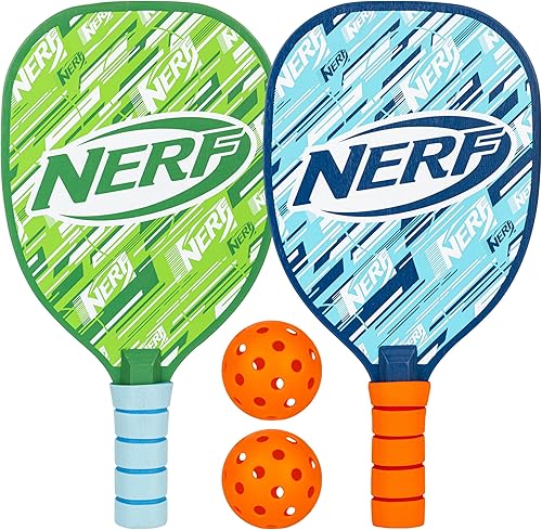 NERF 2 Player Pickleball Paddle Set - Youth Pickleball Equipment Set - (2) Wooden Paddles with Foam Grips + (2) Outdoor Balls for Kids - Carry Bag
