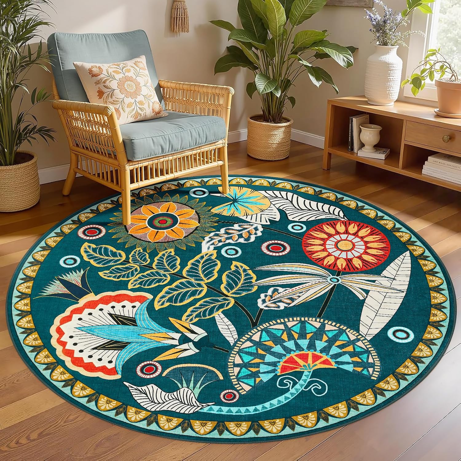 Joydeco Egypt Floral 5FT Round Rug, Washable Circle Bedroom Playroom Rug