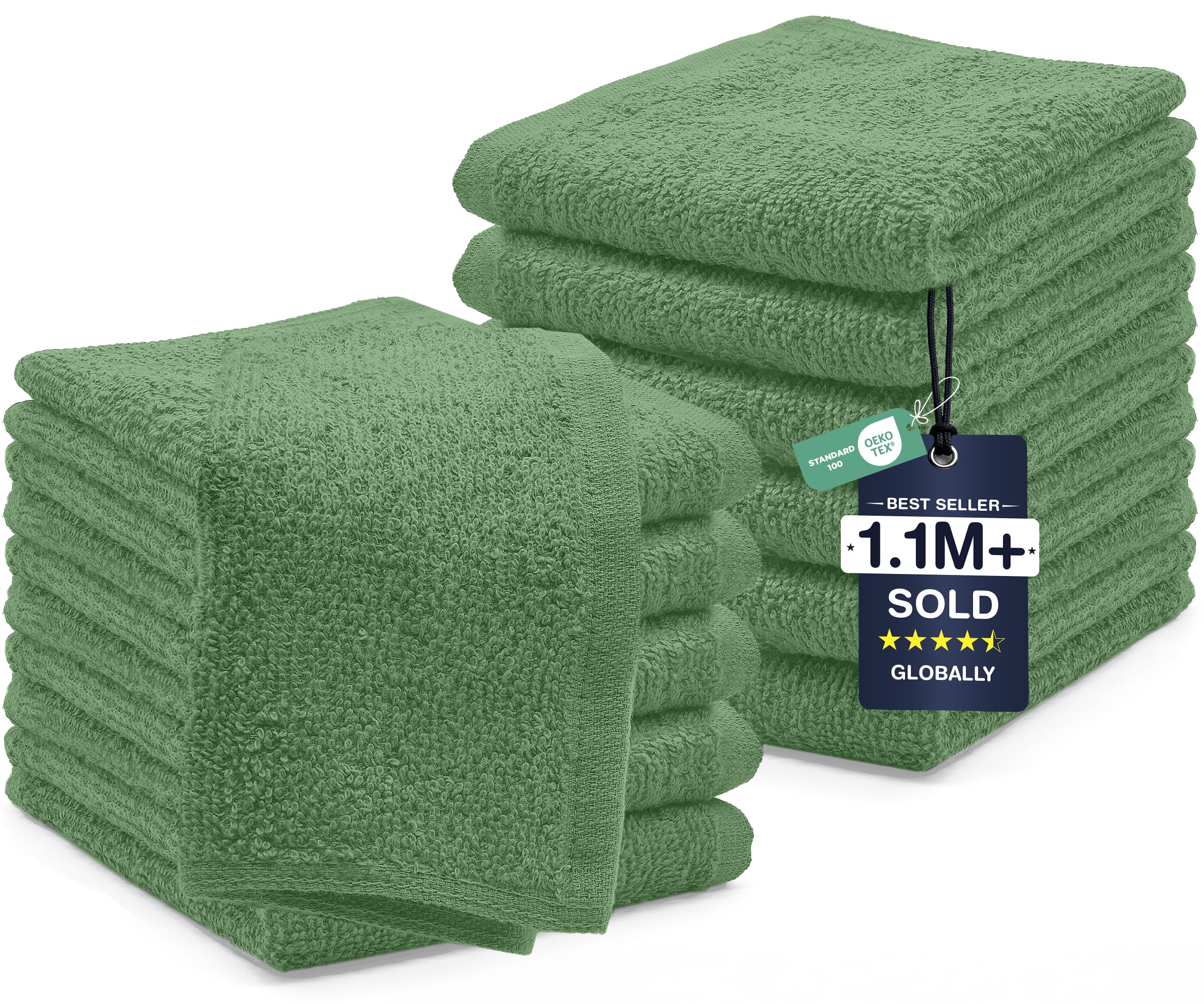 DAN RIVER 12 Pack Cotton Wash Cloths Set for Showering [12x12] Sage Green