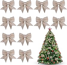 Pack of 12 Christmas Bows, 12 x 14 cm Bows Christmas Tree, Christmas Glitter Bows, Christmas Tree Decoration for Christmas Tree, Christmas Wreath, Christmas Tree (Champagne Colour)