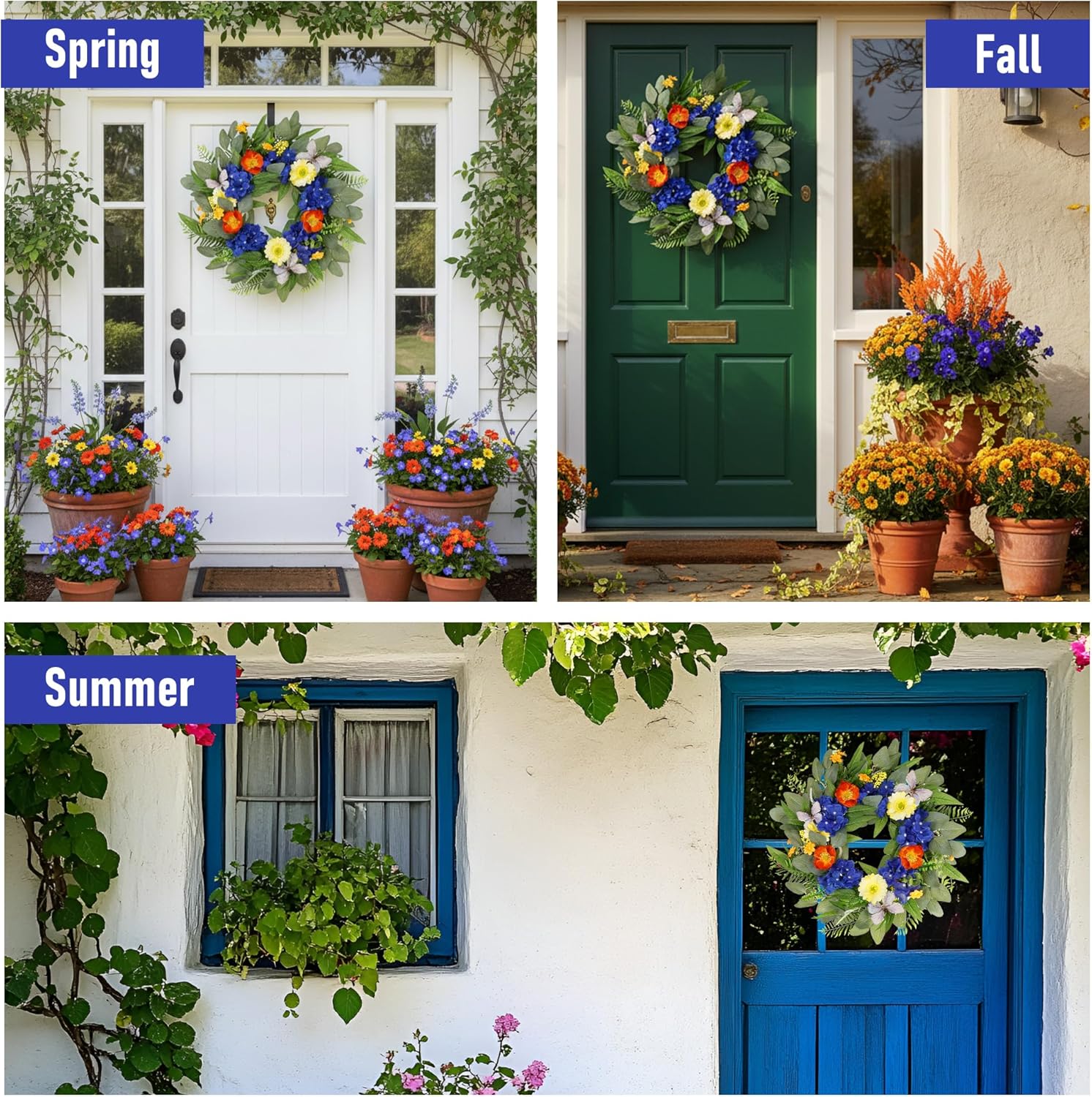 20" Spring Summer Wreaths for Front Door with Blue Hydrangea and Sunflower,Greenery Wreaths with Artificial Flower Berries Eucalyptus for Indoor Outdoor Hallway Window Decoration