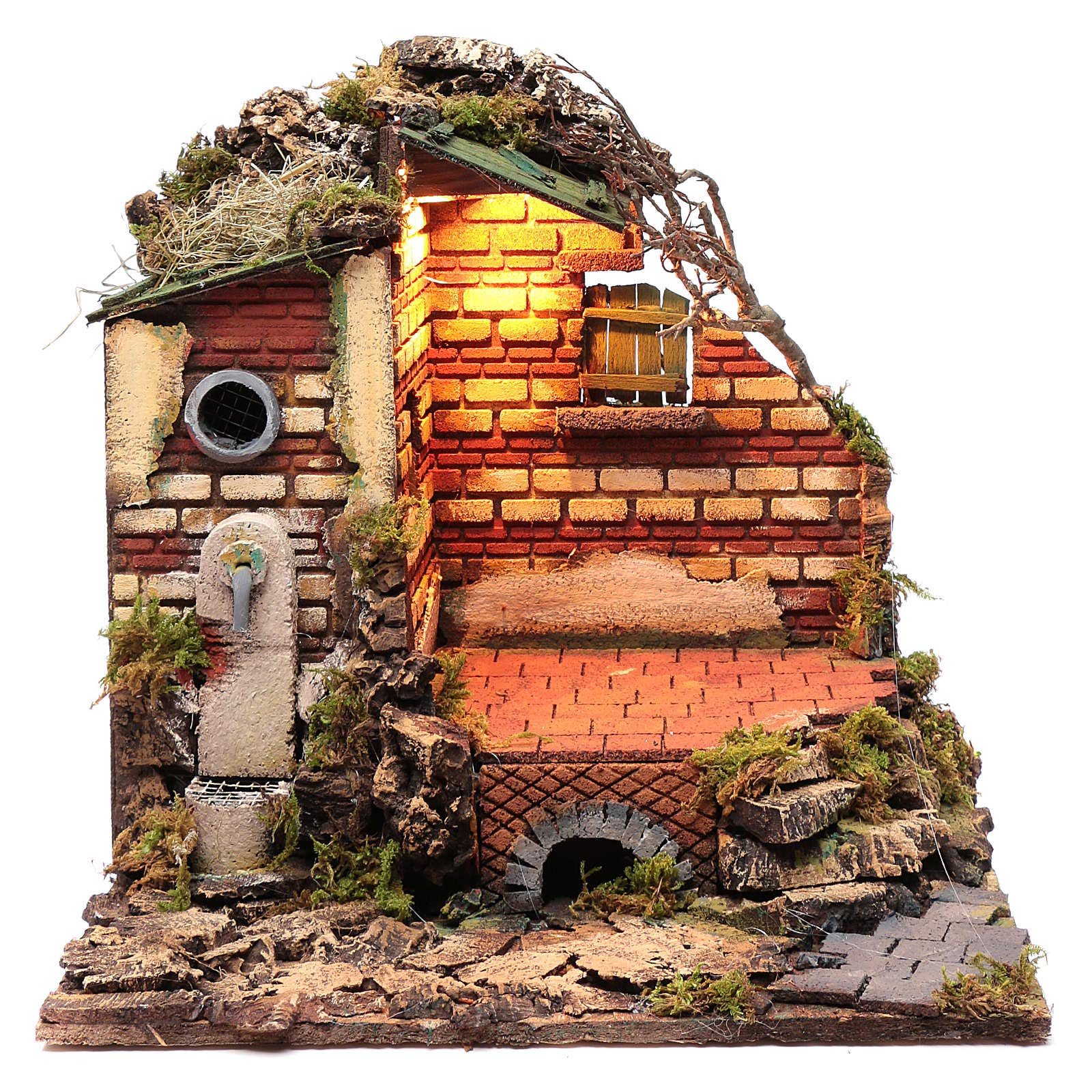 Holyart Crèche Napolitaine: Décor dans ruines Fontaine et éclairage crèche de Naples 38x39,5x34,2 cm