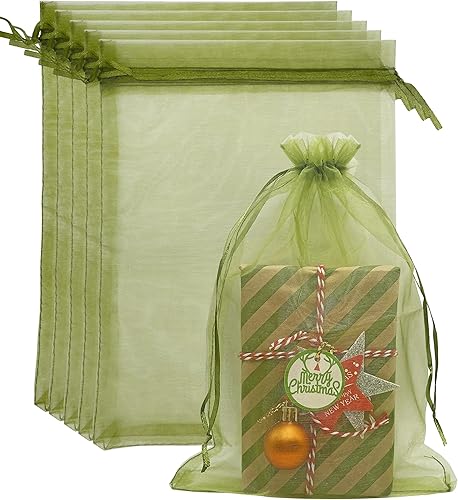 Miniatura 7 de Jexila Paquete de 50 bolsas de organza de Navidad de 8 x 12 pulgadas, diseño de copo de nieve, bolsa de regalo grande de Navidad con cordón