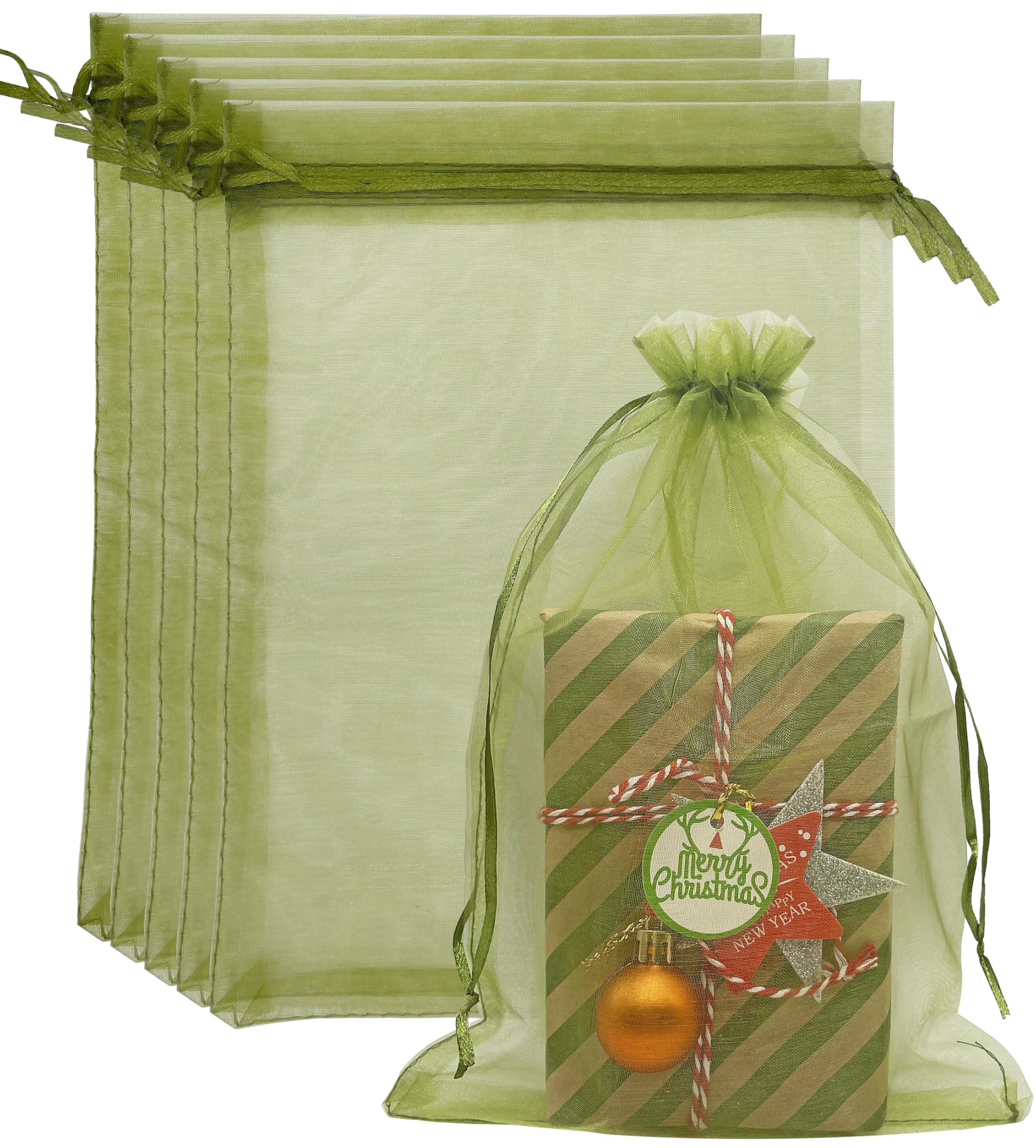 Jexila Paquete de 50 bolsas de regalo de organza transparente verde oliva de 8 x 12 pulgadas, bolsa de regalo grande de malla con cordón para regalo del día de San Patricio, bolsas de dulces