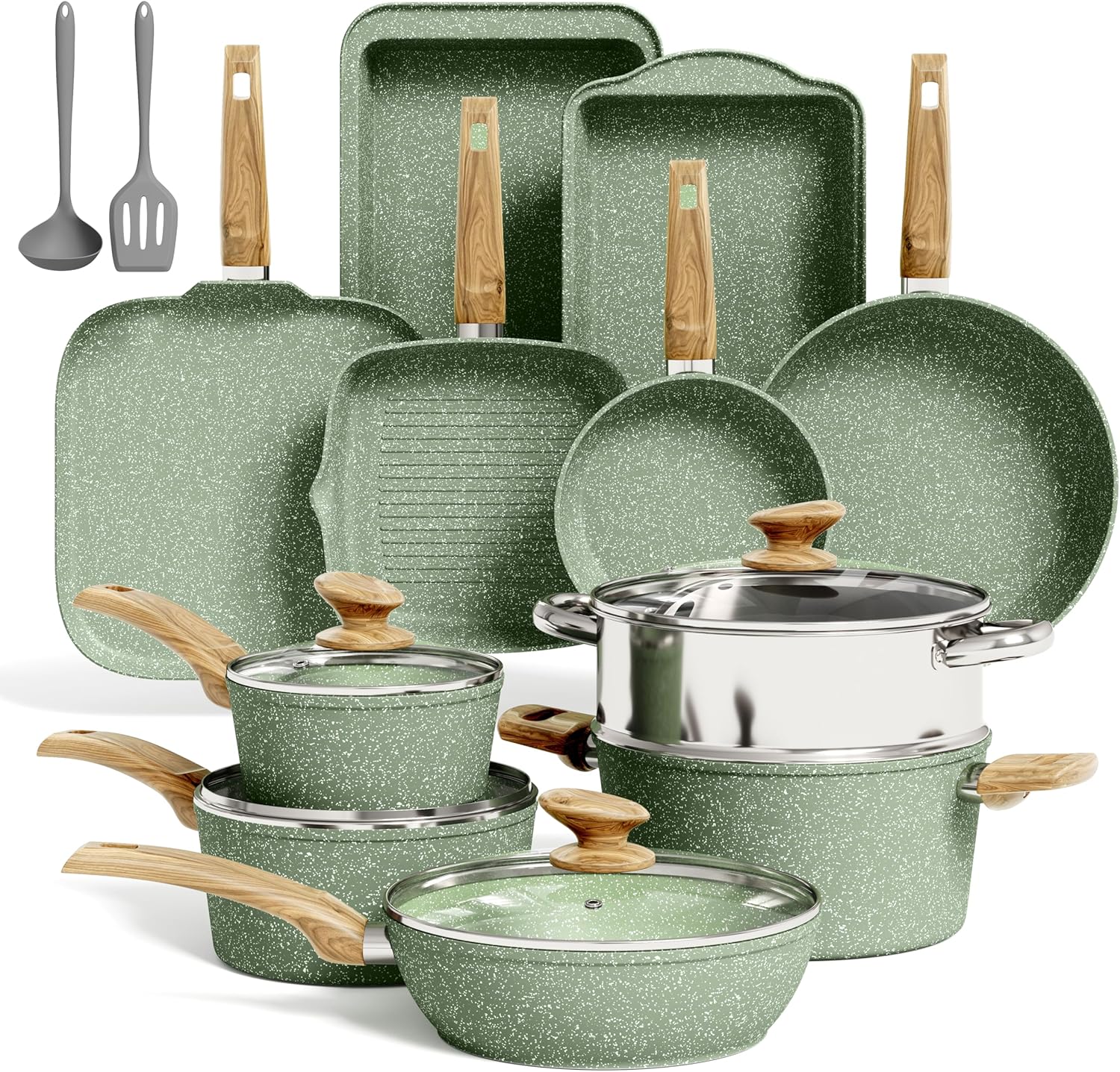 Kitchen Academy 17Pcs Sage Green Pots and Pans Set Non Stick, Induction Kitchen Cookware Sets, Nonstick Granite Cooking Pans Set with PFOA&PFOS Free Kitchen Academy 17Pcs Sage Green Pots and Pans Set Non Stick, Induction Kitchen Cookware Sets, Nonstick Granite Cooking Pans Set with PFOA&PFOS Free
