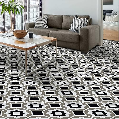 Miniatura 25 de Azulejos de suelo de vinilo autoadhesivos retro de 12 pulgadas, 20 azulejos - 12" x 12", patrón Burch - Despegar y pegar, suelo de bricolaje para