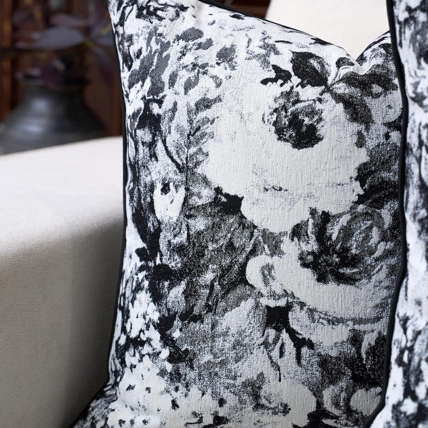 Aeckself Pack of 2 Decorative Chenille Floral Throw Pillow Covers Vintage Couch Pillow Covers 12 x 20 Inch Neutral Farmhouse Cushion Covers Home Decor for Sofa Bed Living Room Black White