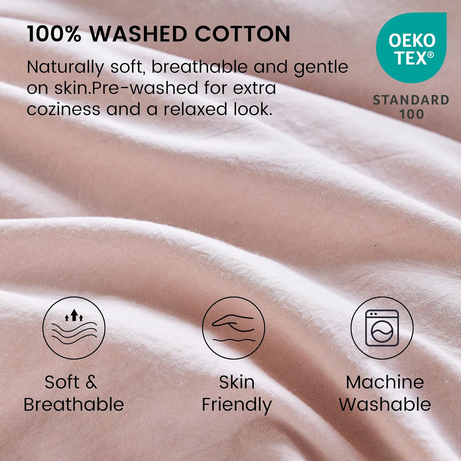 BISELINA 100% Washed Cotton Duvet Cover Set 3pcs Vintage Farmhouse Style Handmade Frayed Ruffle Solid Color Soft Breathable Bedding with Button Closure - Pink, Queen