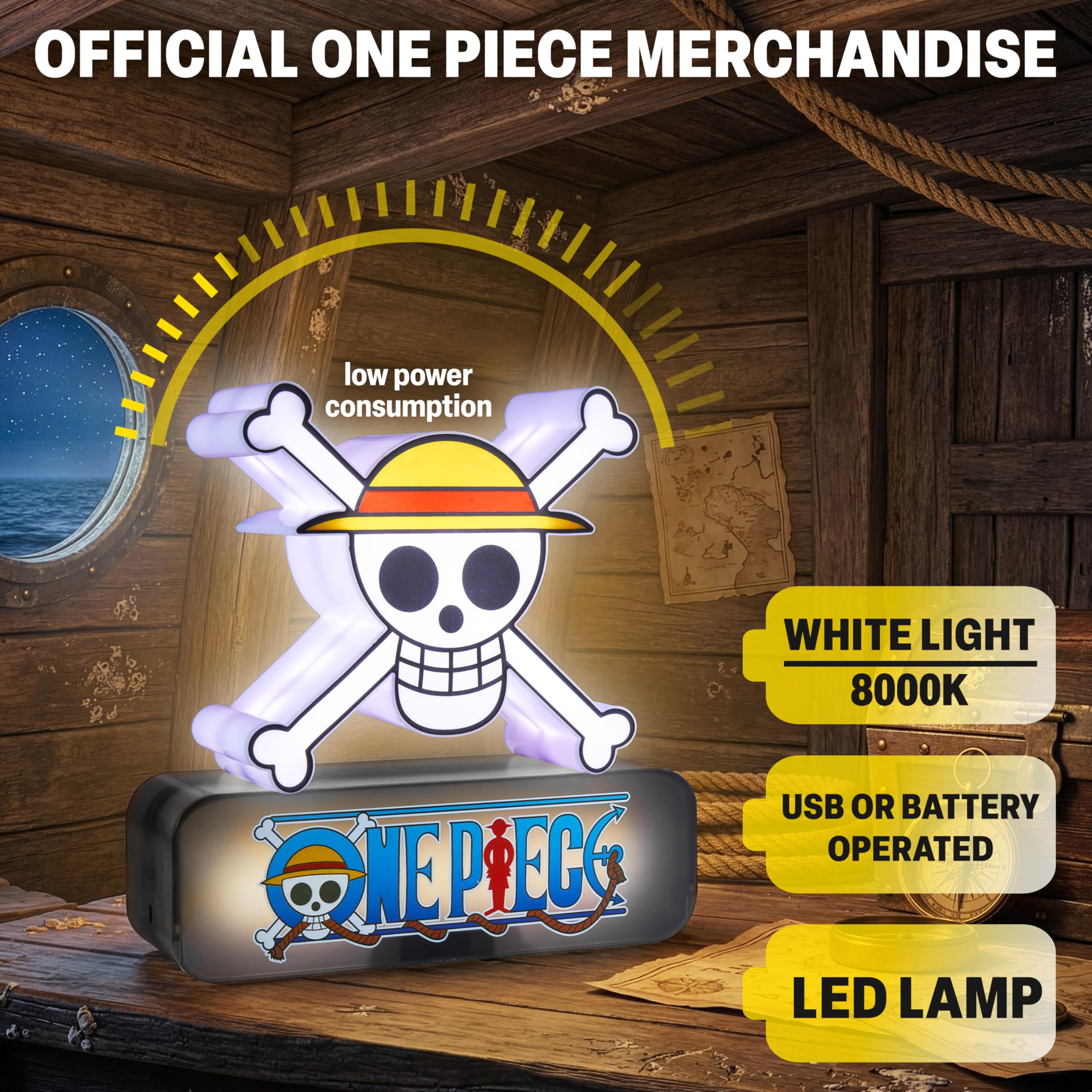 One Piece Skull Lámpara LED 3D, Luz Nocturna LED con 3 Niveles de Brillo, Alimentación USB-C o Pilas, Lámpara de Mesita de Noche, Decoración Habitación Manga, Regalos Anime (Multi 3D Calavera)