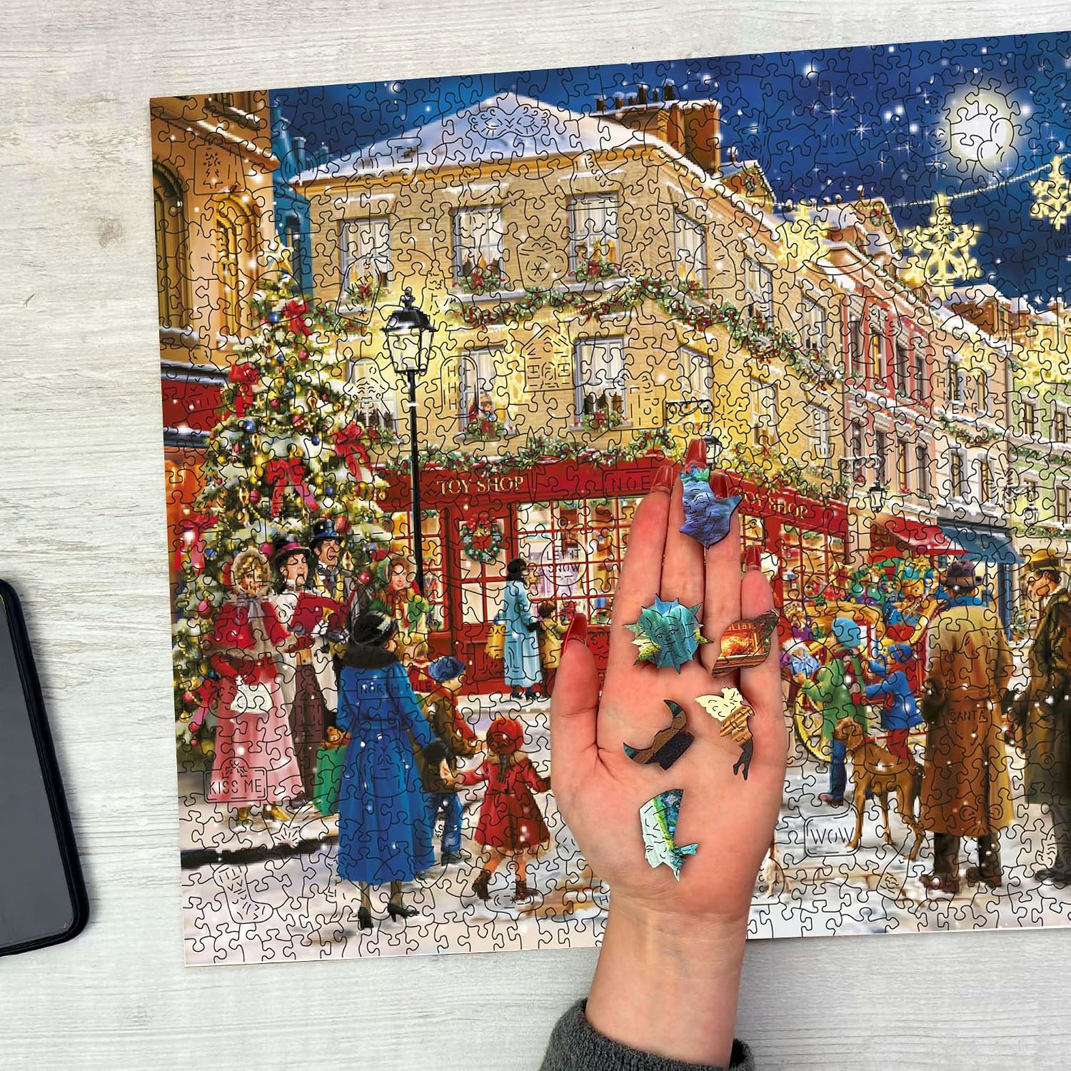 WOODEN.CITY Wooden Puzzle 1000 +10 Pieces - Advanced Christmas Evening Wooden Jigsaw Puzzles for Adults - Retro Nostalgia Wood Puzzles with Unique Xmas Pieces & Unusual Shapes - Large Puzzle