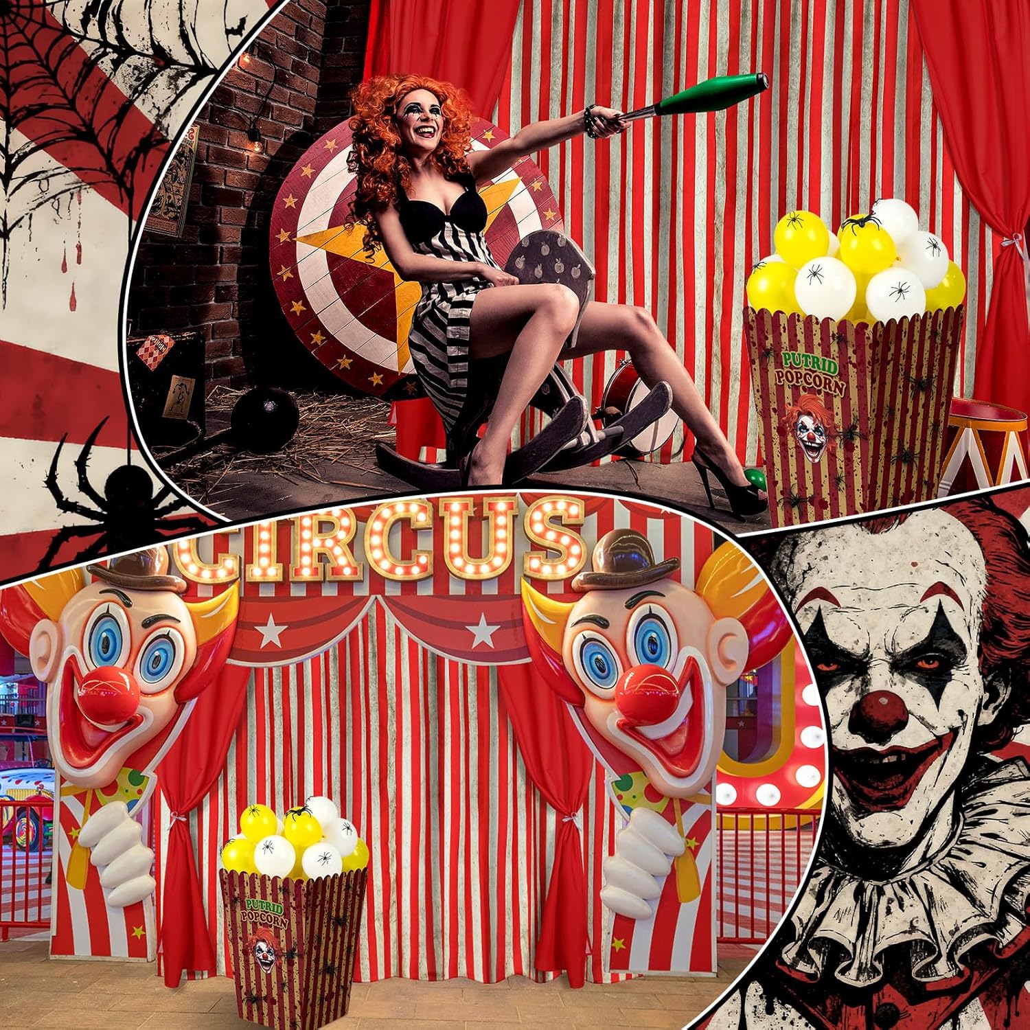 91 Pcs Carnival Circus Giant Popcorn Box Large Clown Cardboard Popcorn Display Stand with Balloons Fake Spiders for Movie Night, Carnival, Circus Theme Party Decor