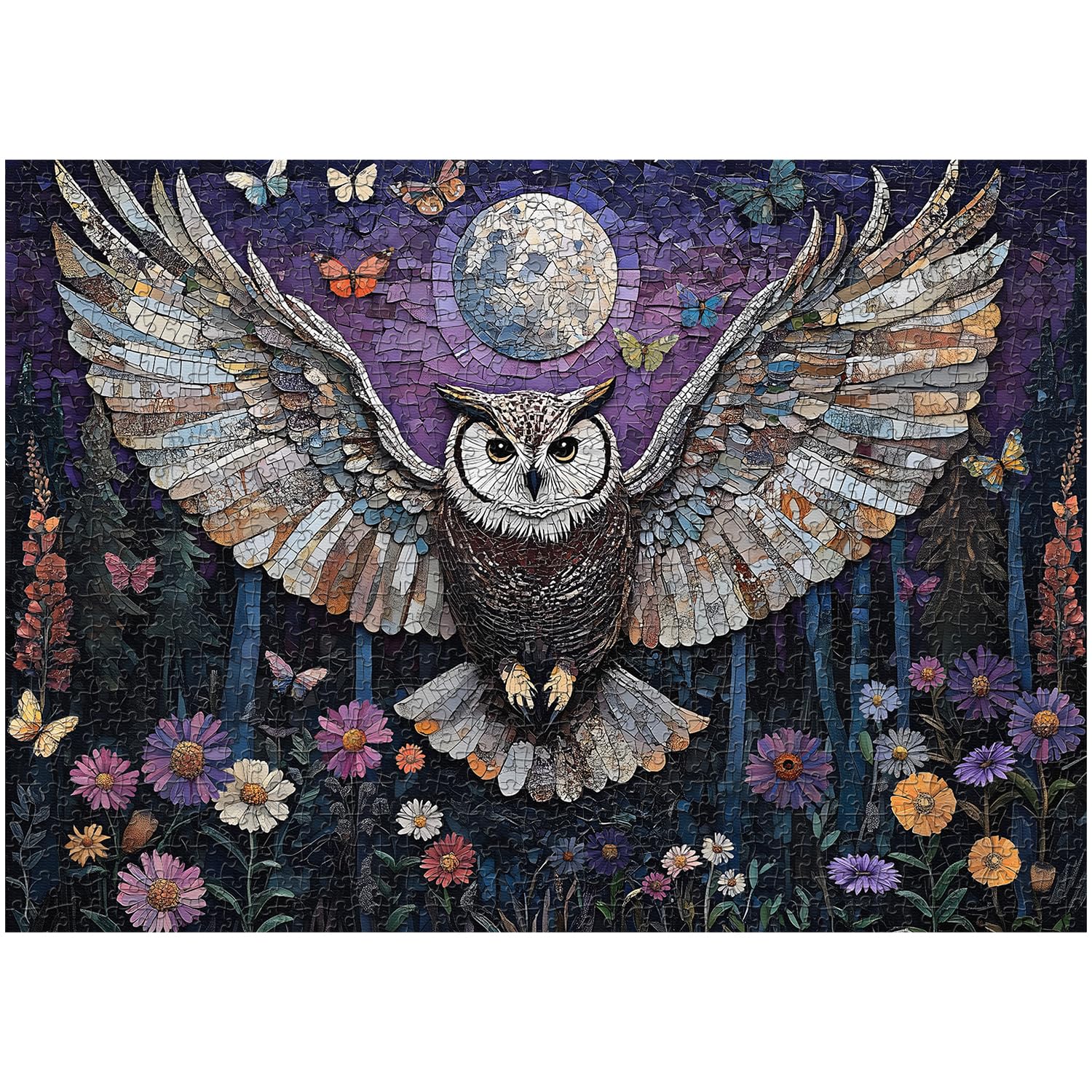 Mosaic Owl Puzzles for Adults 1000 Pieces, PICKFORU Wildflower Plant Forest Bird Puzzle, Impossible Unique Night Moon Flower Theme as Wall Decor - Image 2