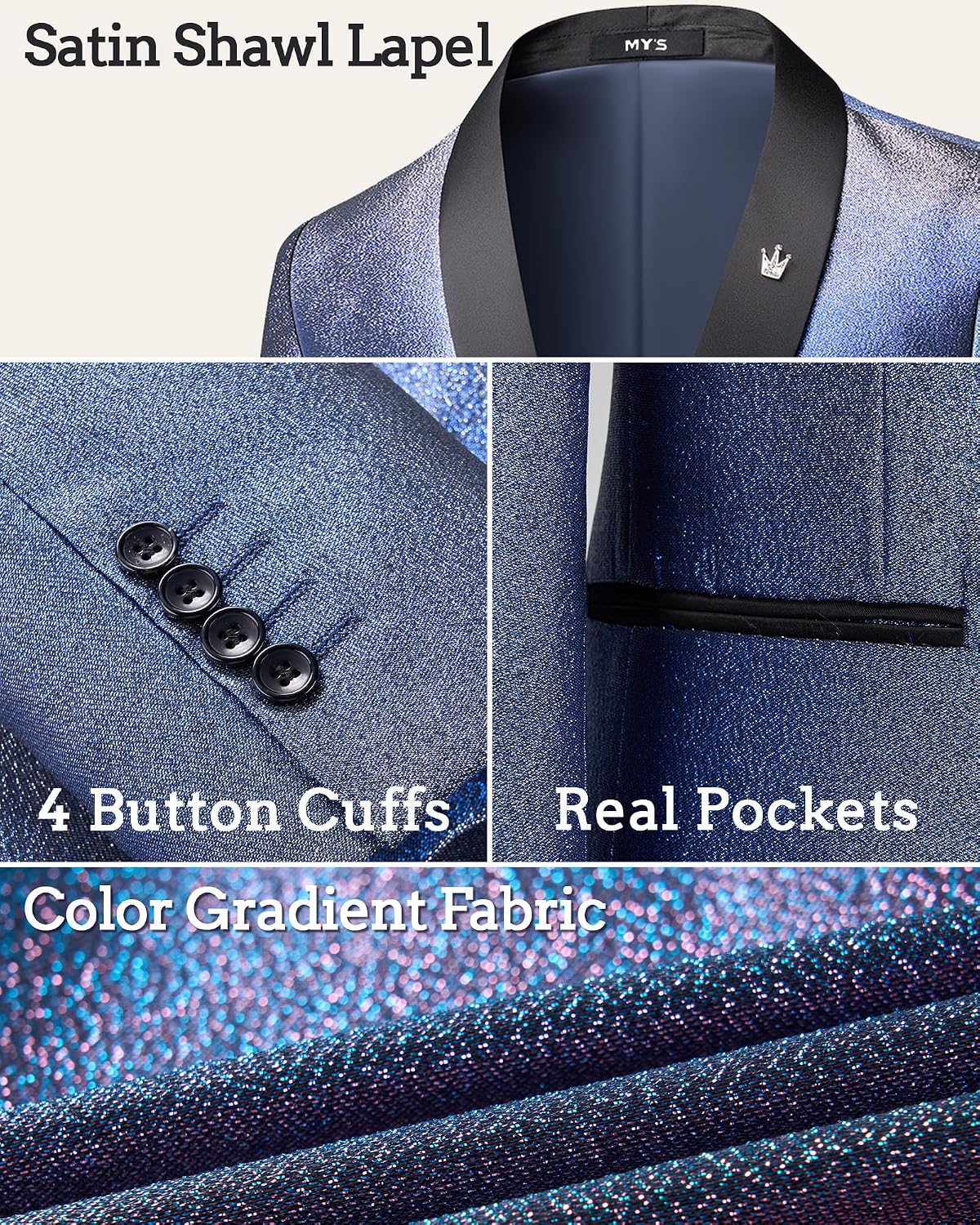 MY'S Men's Shiny Tuxedo Jacket, Sequin Slim Fit Blazer, One-Button Shawl Lapel Suit for Party, Prom, Wedding, Dinner