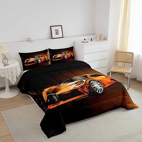 Miniatura 2 de Feelyou Edredón de auto de carreras para niños pequeños, juego de ropa de cama naranja de carreras para niños y niñas, juego de edredón de plumón de