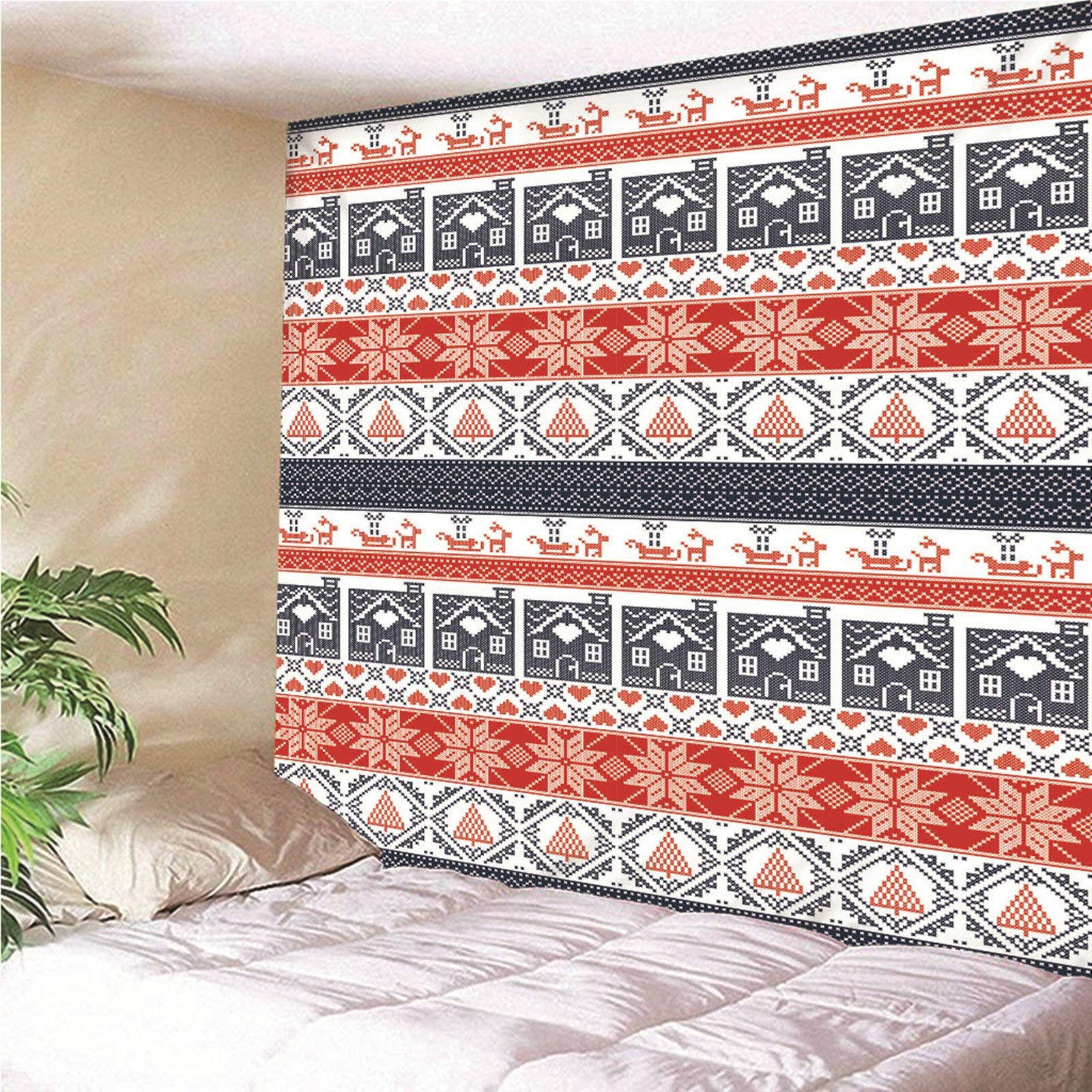 KnSam Dywan na ścianę, gobelin, ozdoba na ścianę, do salonu, dekoracja domowa, z poliestru, retro kwiaty i dom czerwony 350 x 256 cm