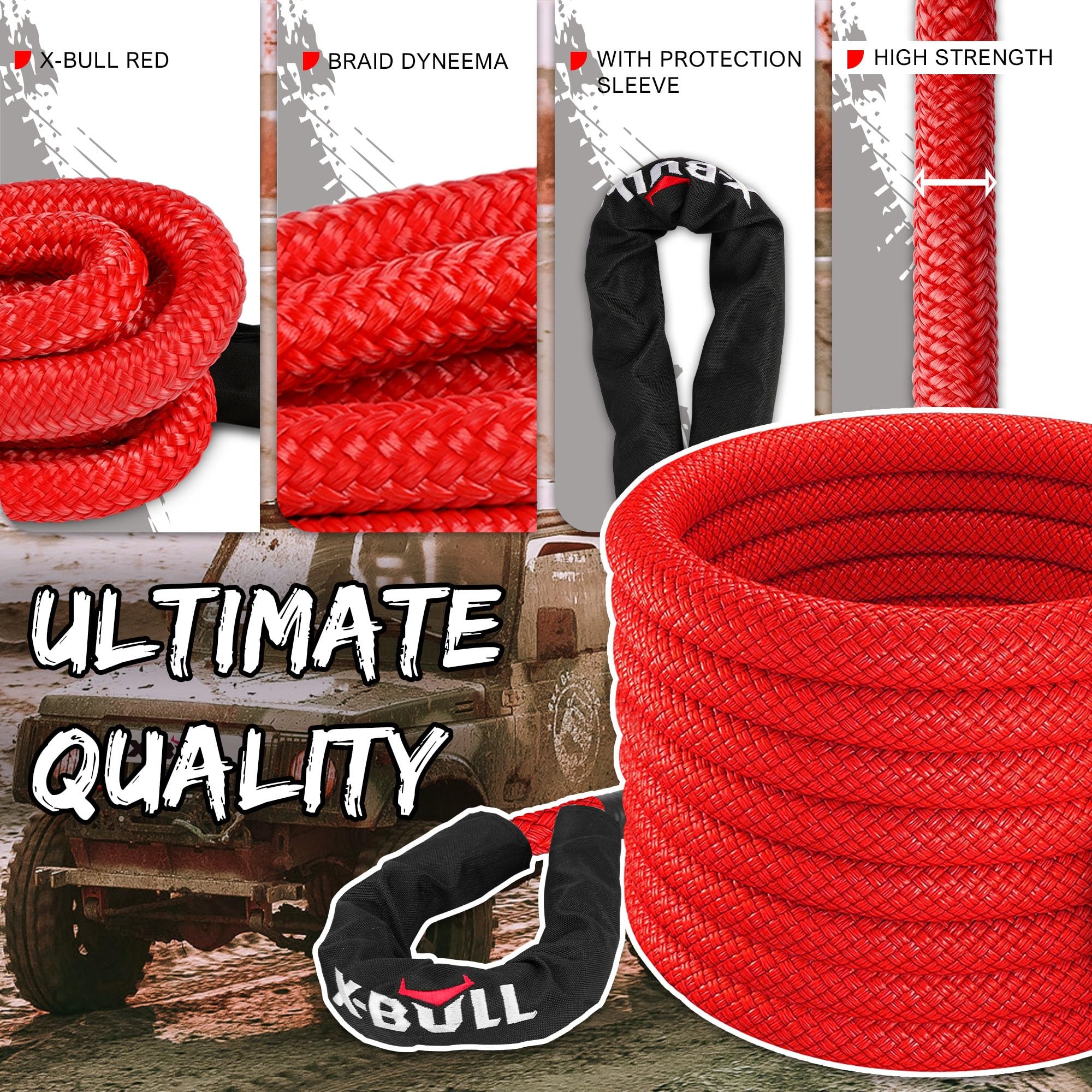 X-BULL Langlebiges Kinetisches Seil - Abschleppseil Pkw mit Rutschfesten Handschuhen - Anhängelast 29500lbs (13 381 kg) - aus robustem Nylon mit Polymerbeschichtung - Länge 6m, Durchmesser 25mm, Rot