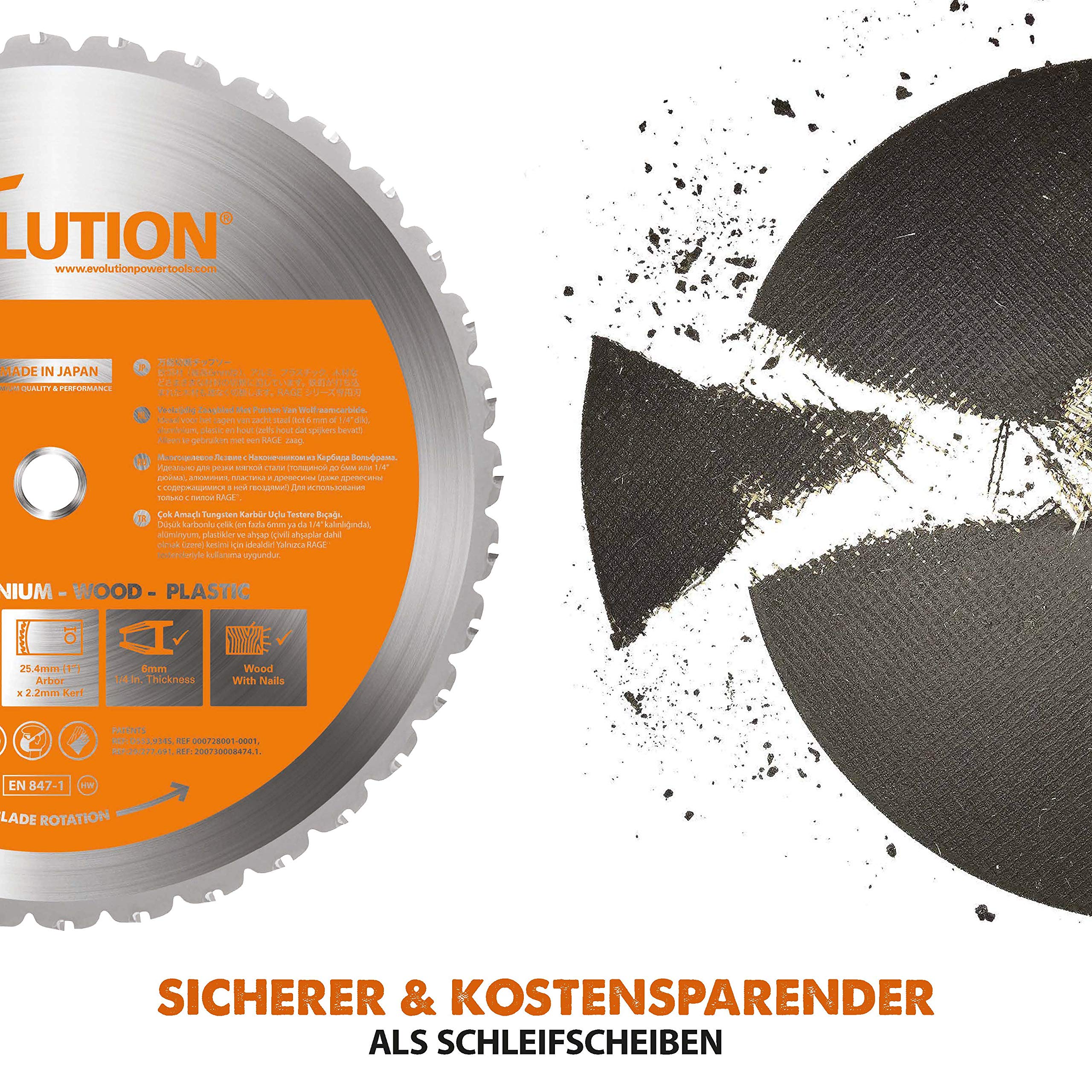 Evolution R355CPS Cut-off Saw Compound Mitre Saw 2200 W | Includes Ø 355 mm HM Saw Blade Multi-Material Cutting Wood, Aluminium, Steel, Plastic | Cutting Capacity of 120 x 120 mm | 0-45˚ Mitre Angle