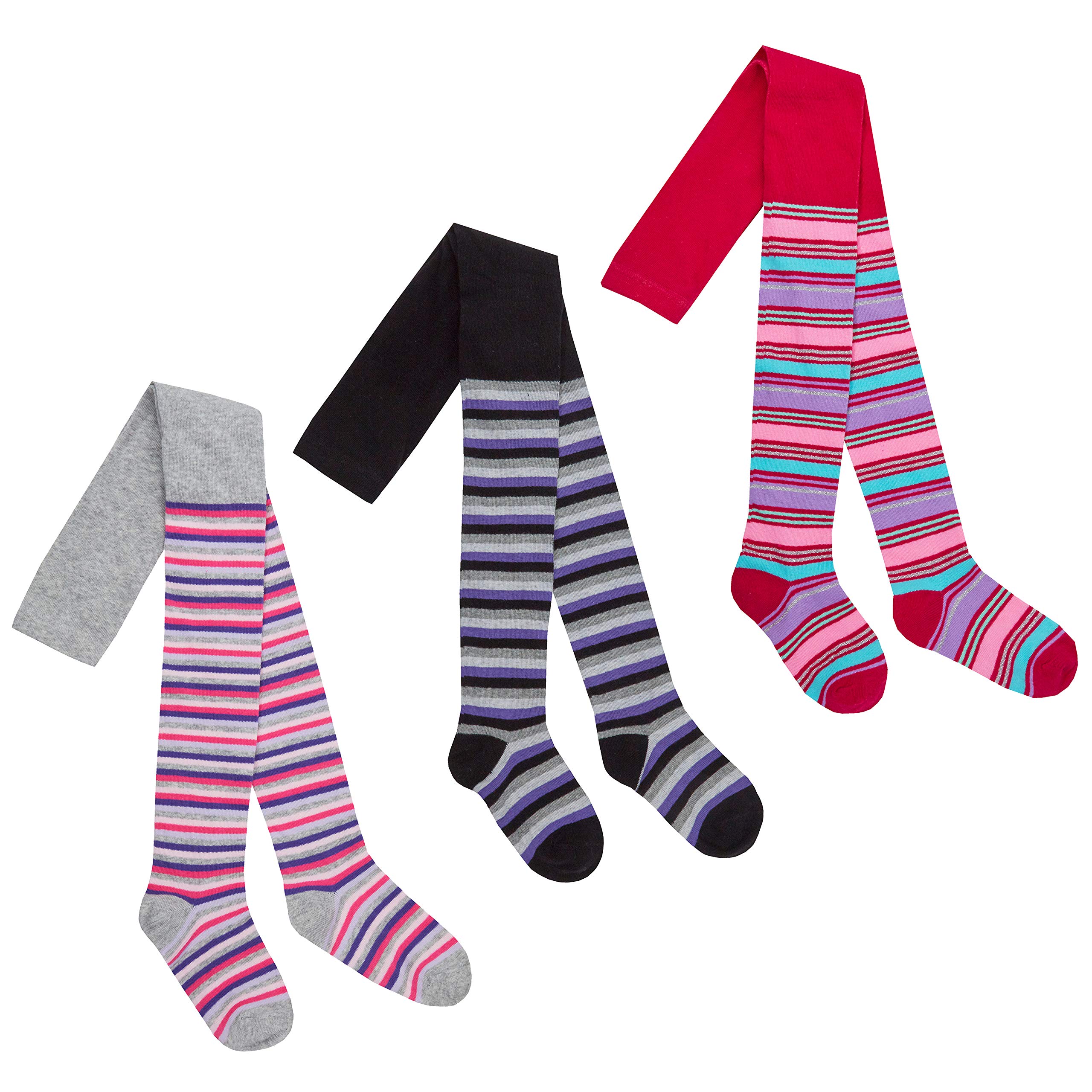 Metzuyan Girls Striped Patern- 3 Pairs Cotton Rich Tights 3 Pairs Patterned Soft Animal Design Striped 2-8 Years