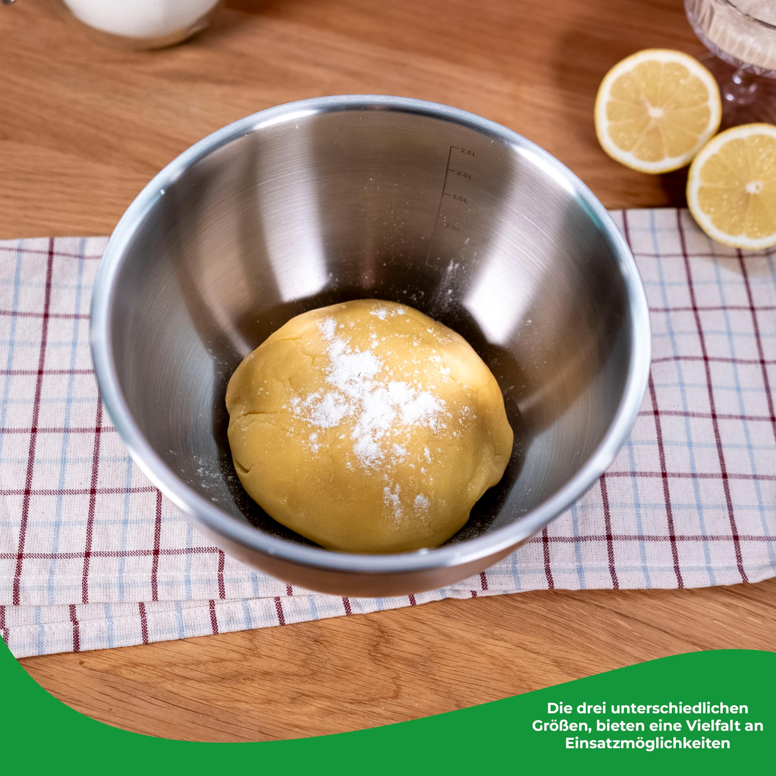 Wundermix - 3 Edelstahl Schüssel mit Deckel 1,5l, 3l, 5l (3er Set) • Stapelbar & rutschfest • Schüssel Set mit Deckel • Edelstahl Schüsseln • Rührschüssel, Salatschüssel, Backschüssel