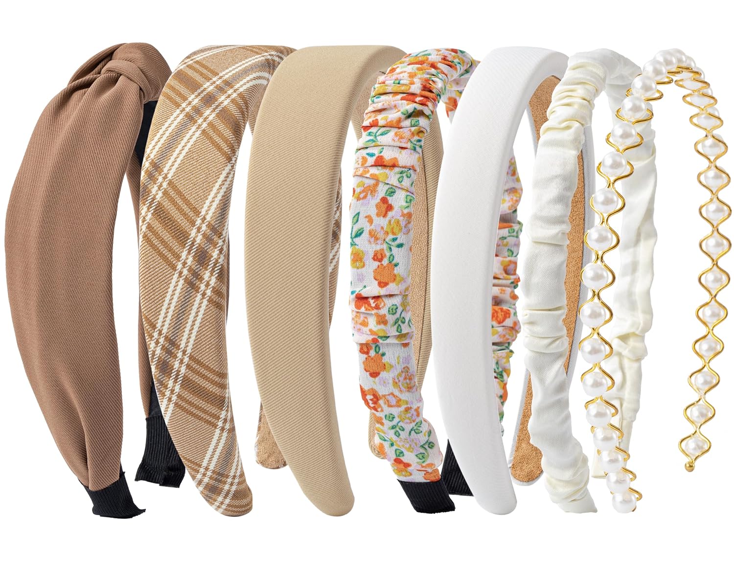 Sunolga 7 Pack Brown Headbands for Women Girls Non Slip Floral Padded Hairbands Cute Pearl Head bands Wide