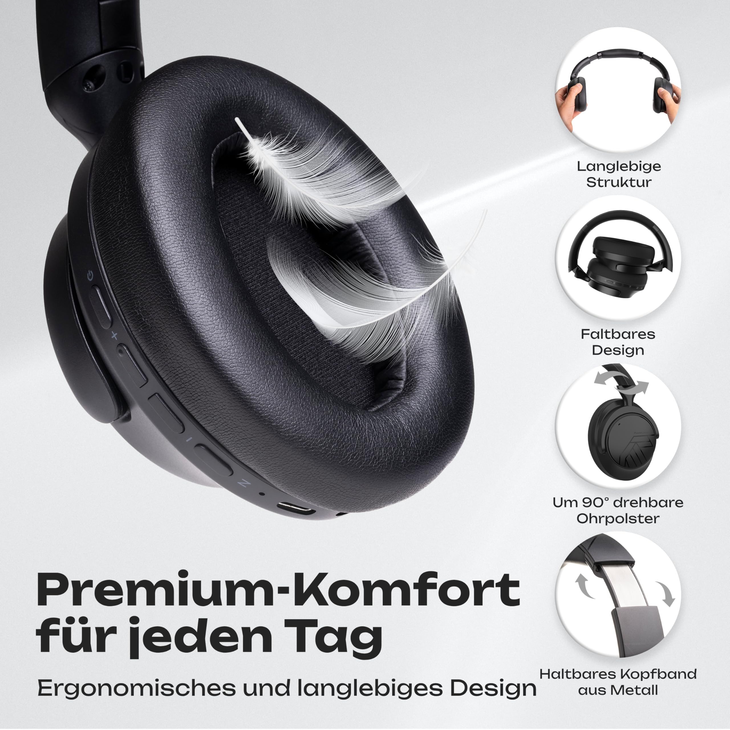 PowerLocus Over-Ear Kopfhörer Kabellos Bluetooth, Hybrid Active Noise Cancelling Kopfhörer, 70+ std. Akku, Hi-Fi Stereo Klang, Faltbar, MultiPoint, Mikrofon, Mit Hartschalen-Tasche (Schwarz)