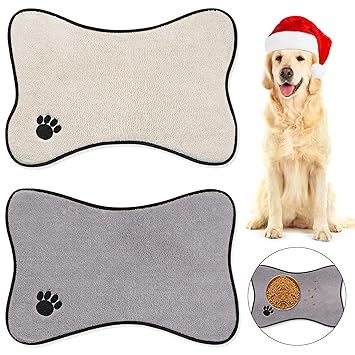Dog Mat for Food and Water 2 Pieces Bone Shape Dog Mats Non-Slip PET Feeding Mat for Under Dog Bowls Embroidered Microfiber PET Bowl Mat Water Absorbent Dog Feeding Mat for Dog PET Supplies, 2 Colors