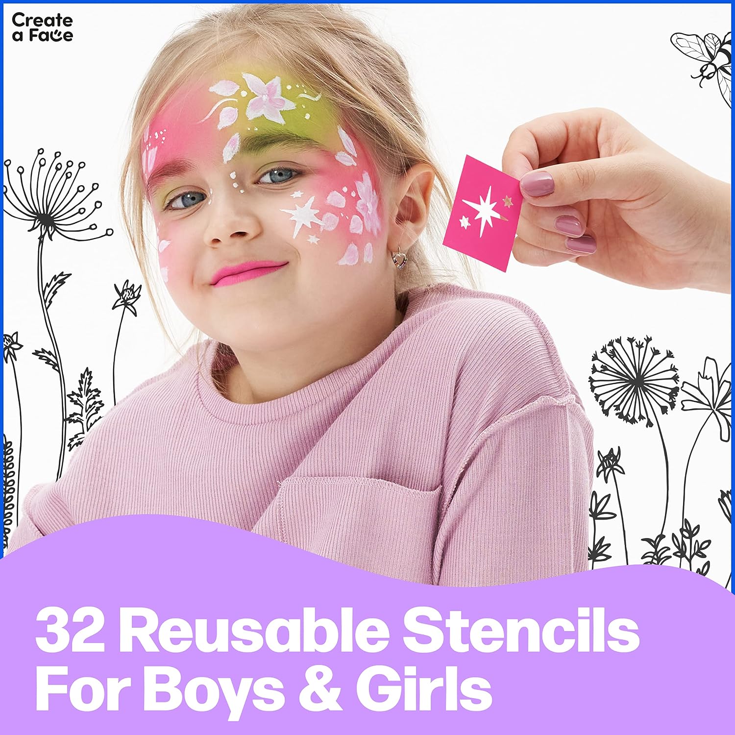 Create A Face - Professional Face Painting Kit for Kids Party with 8 Non-Toxic Colors, 2 Brushes, 2 Applicators, 36 Stencils, 2 Body Glitter Pods - Kid Safe, Easy to Use Face Paint Kit with Stencils