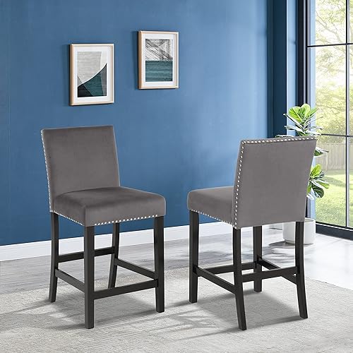 Miniatura 2 de Dining Chairs for Room, Table & Seating Chair Sets Kitchen - Contemporary Velvet Counter Stool with Nailhead Trim, Set of 2, Rubber Wood Legs, 40