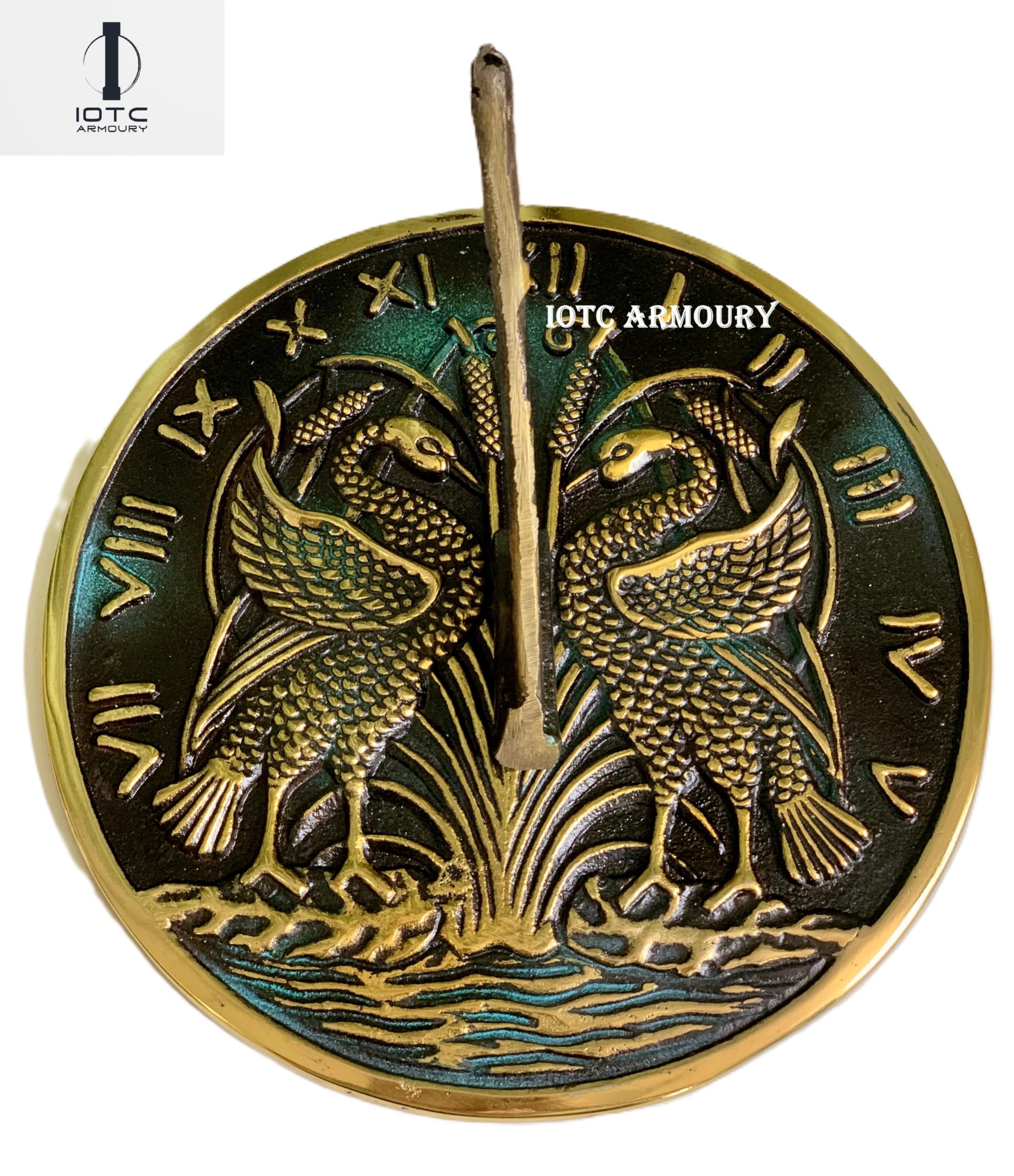 IOTC ARMOURY Brass Swan Garden Sundial - Home & Outdoor Decor Vinatge Solid Brass with Verdigris Highlights - Birthday Gift, Wedding Gift, Couple Gift Sundial