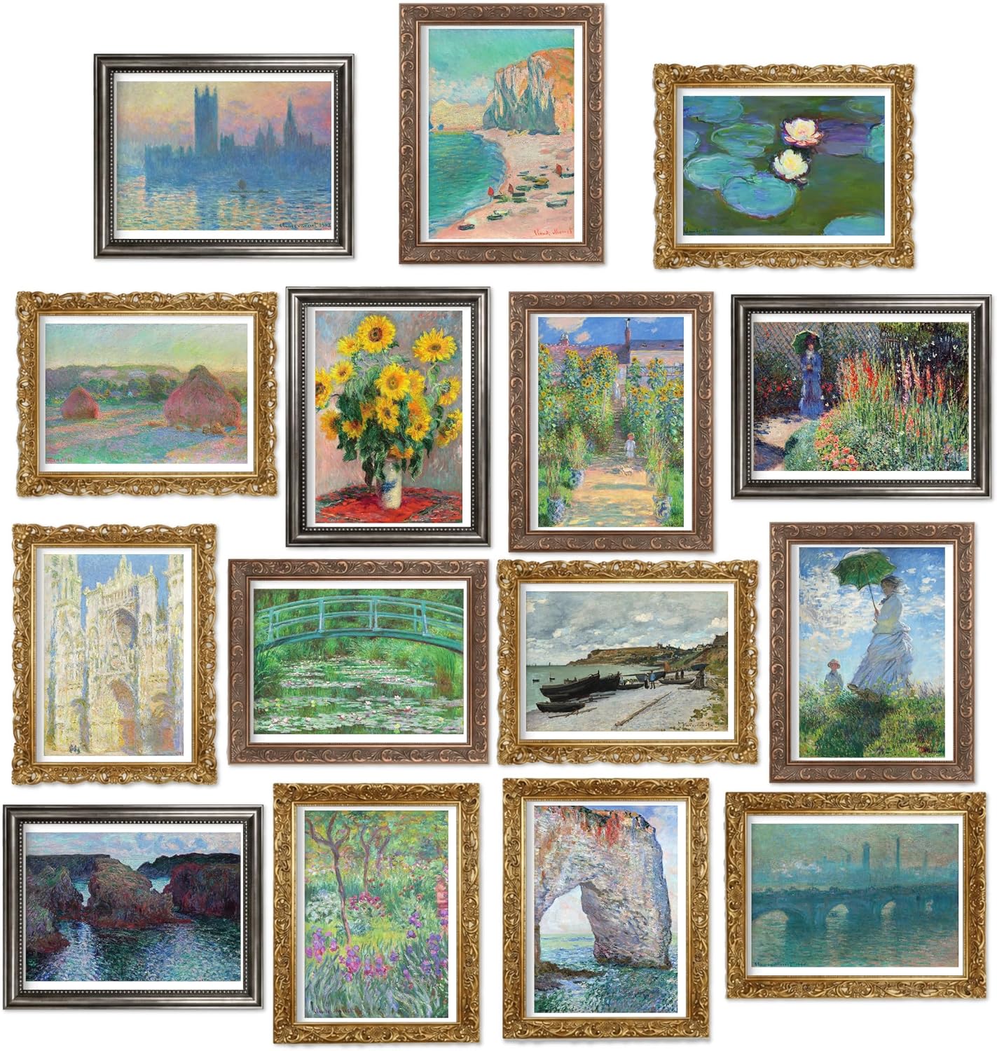 Ink Inc. Impressionist Master Painters Monet Van Gogh Paintings | Museum Wall Décor | Waterlilies Sunflowers Ocean | (Monet Paintings set of 15 5" x7)