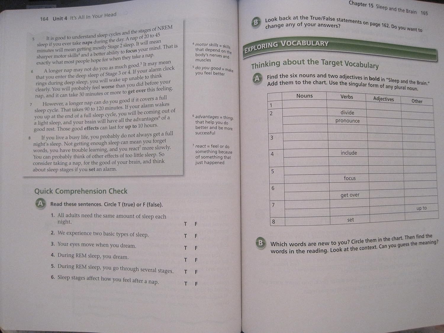 Page 164-165 of New Password 3 showing 'Exploring Vocabulary' and 'Quick Comprehension Check'