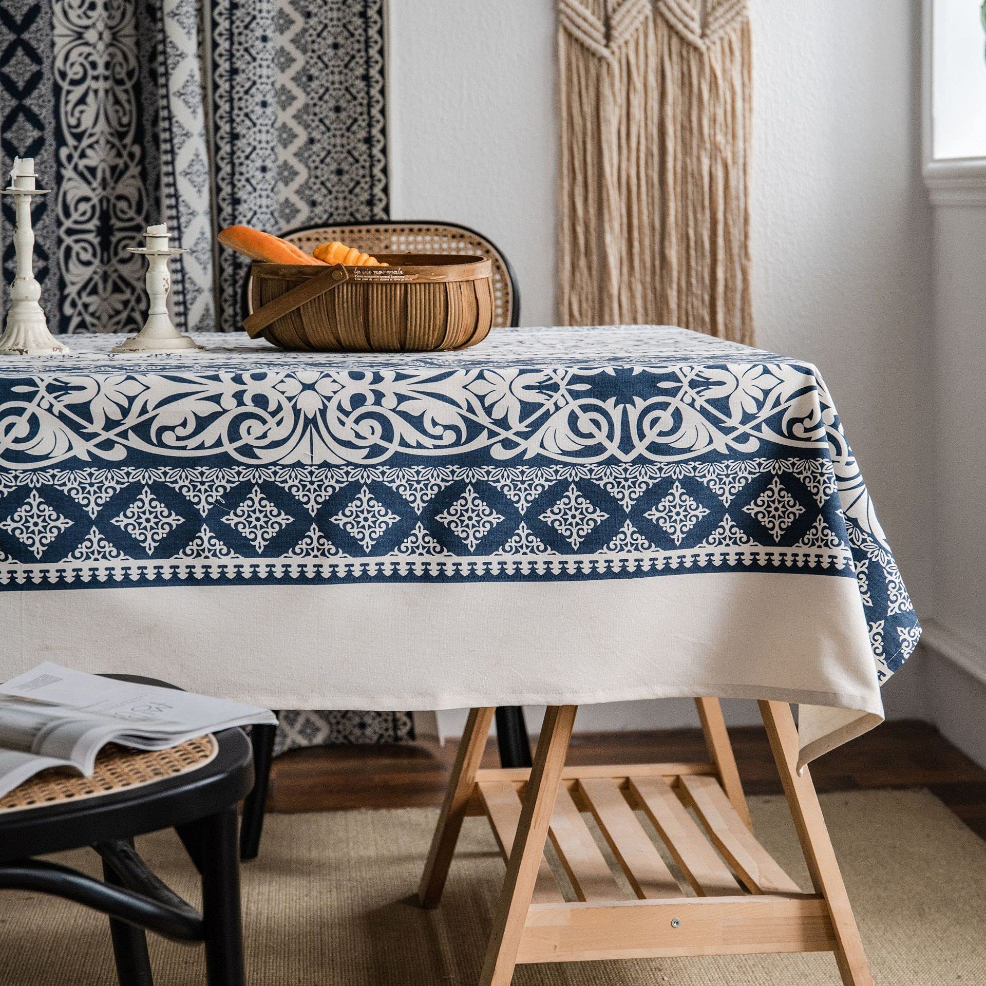 Nappe rétro en coton et lin bleu et blanc rectangle 140x100 cm pour table