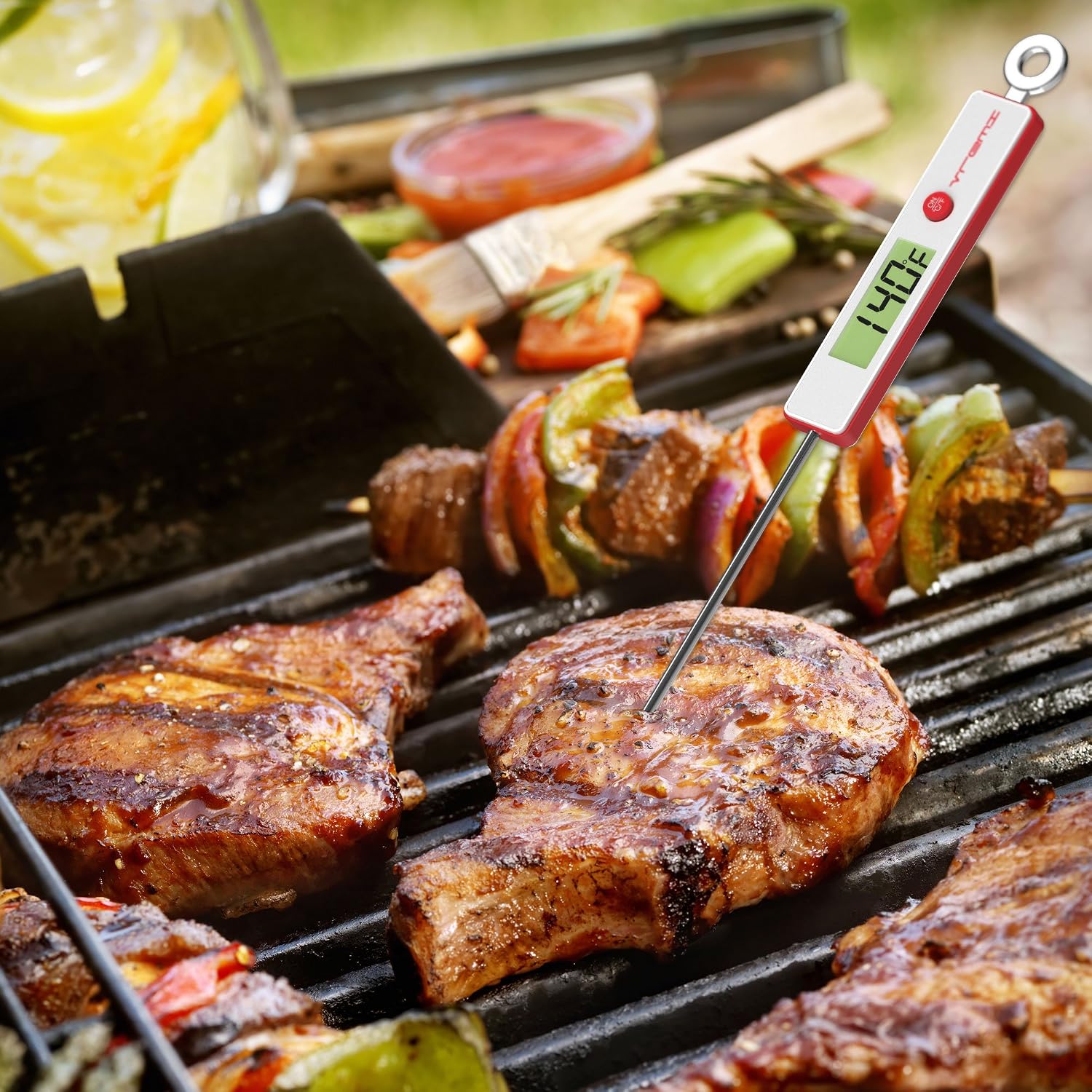 Vremi Digital Meat Thermometer - Instant Read Food Thermometer with 5.25 inch Stainless Steel Probe for Cooking BBQ Grilling Smoker - with Temperature Guide Probe Cover and Battery - Red