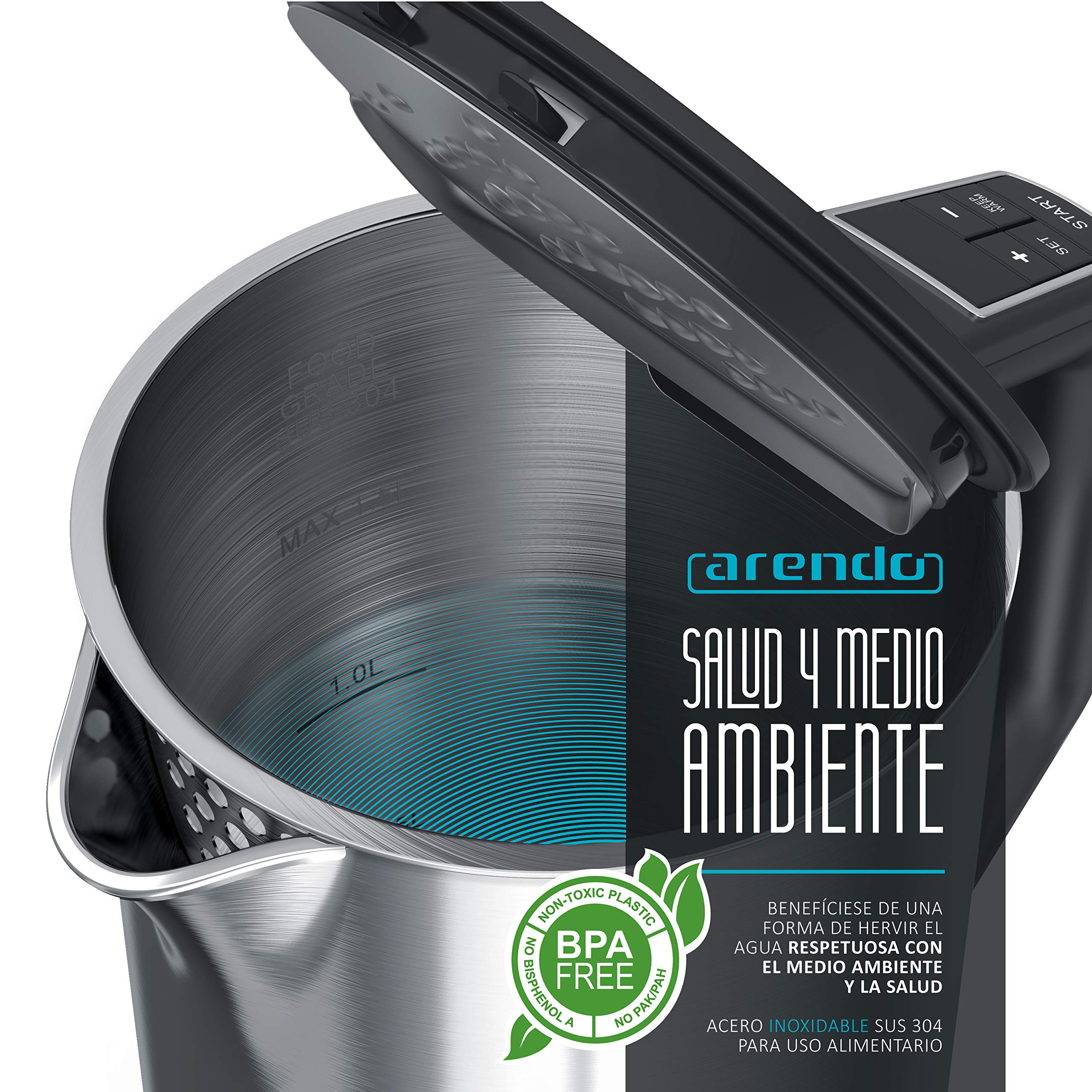 Arendo – Hervidor de Agua Eléctrico de 1,5 litros - Acero Inoxidable - con Ajuste de Temperatura de 40°C a 100°C en incrementos de 5 ° - Modelo Elegant - Diseño de doble pared - Libre de BPA